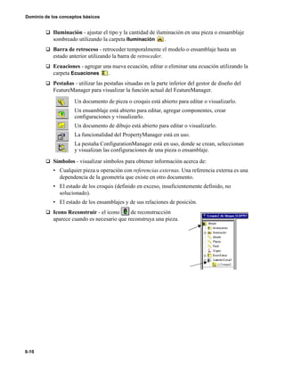 6-10
Dominio de los conceptos básicos
q Iluminación - ajustar el tipo y la cantidad de iluminación en una pieza o ensamblaje
sombreado utilizando la carpeta Iluminación .
q Barra de retroceso - retroceder temporalmente el modelo o ensamblaje hasta un
estado anterior utilizando la barra de retroceder.
q Ecuaciones - agregar una nueva ecuación, editar o eliminar una ecuación utilizando la
carpeta Ecuaciones .
q Pestañas - utilizar las pestañas situadas en la parte inferior del gestor de diseño del
FeatureManager para visualizar la función actual del FeatureManager.
q Símbolos - visualizar símbolos para obtener información acerca de:
• Cualquier pieza u operación con referencias externas. Una referencia externa es una
dependencia de la geometría que existe en otro documento.
• El estado de los croquis (definido en exceso, insuficientemente definido, no
solucionado).
• El estado de los ensamblajes y de sus relaciones de posición.
q Icono Reconstruir - el icono de reconstrucción
aparece cuando es necesario que reconstruya una pieza.
Un documento de pieza o croquis está abierto para editar o visualizarlo.
Un ensamblaje está abierto para editar, agregar componentes, crear
configuraciones y visualizarlo.
Un documento de dibujo está abierto para editar o visualizarlo.
La funcionalidad del PropertyManager está en uso.
La pestaña ConfigurationManager está en uso, donde se crean, seleccionan
y visualizan las configuraciones de una pieza o ensamblaje.
 