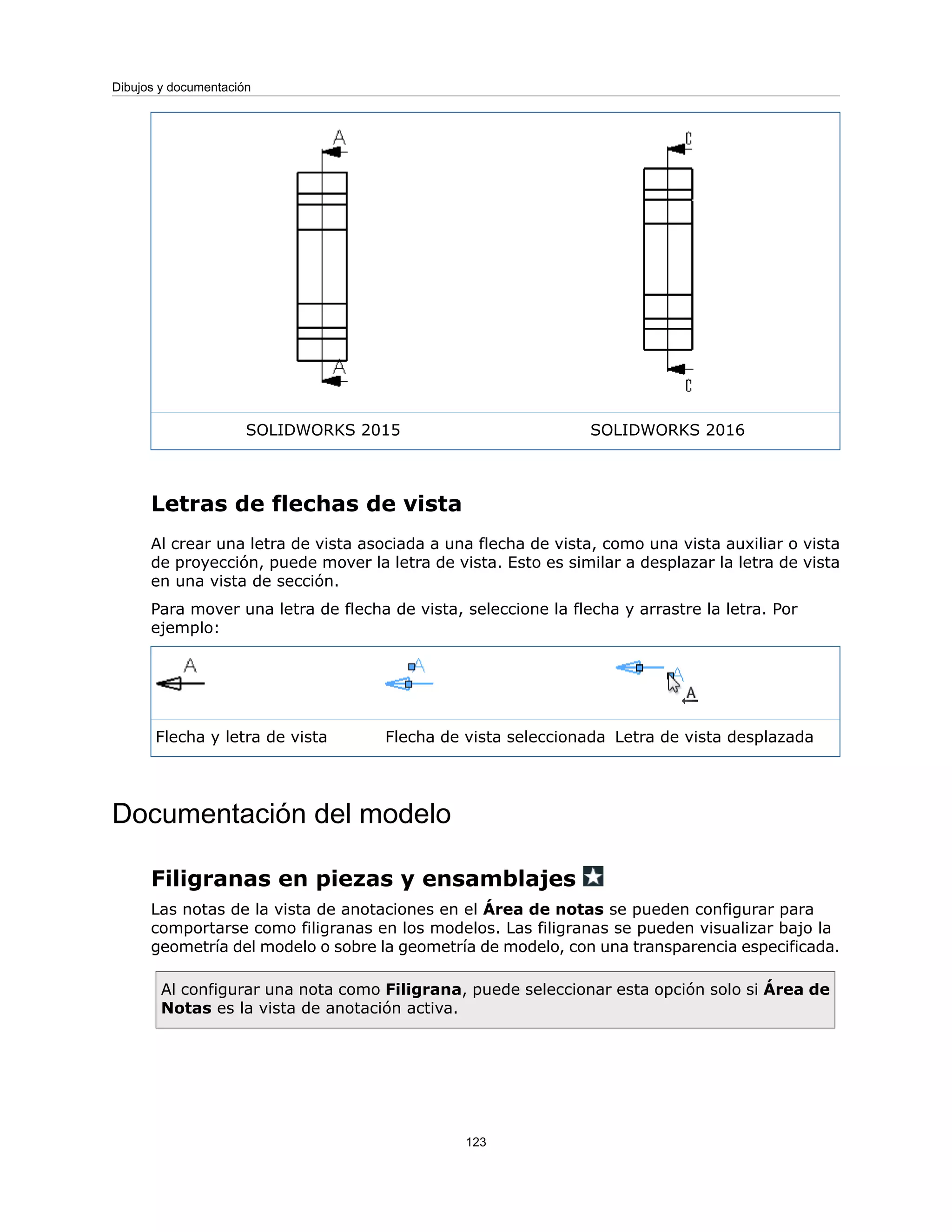 SOLIDWORKS 2016
SOLIDWORKS 2015
Letras de flechas de vista
Al crear una letra de vista asociada a una flecha de vista, como una vista auxiliar o vista
de proyección, puede mover la letra de vista. Esto es similar a desplazar la letra de vista
en una vista de sección.
Para mover una letra de flecha de vista, seleccione la flecha y arrastre la letra. Por
ejemplo:
Letra de vista desplazada
Flecha de vista seleccionada
Flecha y letra de vista
Documentación del modelo
Filigranas en piezas y ensamblajes
Las notas de la vista de anotaciones en el Área de notas se pueden configurar para
comportarse como filigranas en los modelos. Las filigranas se pueden visualizar bajo la
geometría del modelo o sobre la geometría de modelo, con una transparencia especificada.
Al configurar una nota como Filigrana, puede seleccionar esta opción solo si Área de
Notas es la vista de anotación activa.
123
Dibujos y documentación
 