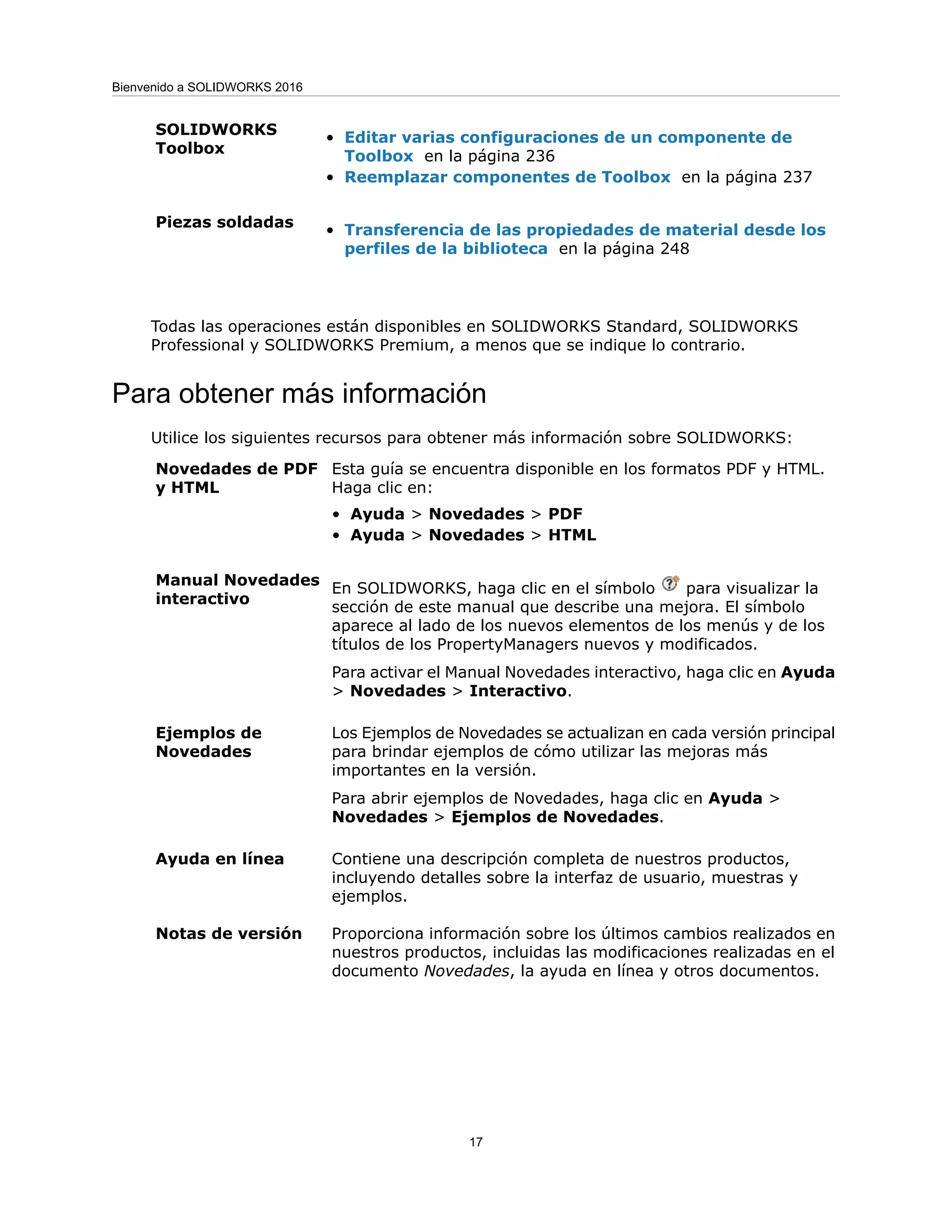 • Editar varias configuraciones de un componente de
Toolbox en la página 236
• Reemplazar componentes de Toolbox en la página 237
SOLIDWORKS
Toolbox
• Transferencia de las propiedades de material desde los
perfiles de la biblioteca en la página 248
Piezas soldadas
Todas las operaciones están disponibles en SOLIDWORKS Standard, SOLIDWORKS
Professional y SOLIDWORKS Premium, a menos que se indique lo contrario.
Para obtener más información
Utilice los siguientes recursos para obtener más información sobre SOLIDWORKS:
Esta guía se encuentra disponible en los formatos PDF y HTML.
Haga clic en:
• Ayuda > Novedades > PDF
• Ayuda > Novedades > HTML
Novedades de PDF
y HTML
En SOLIDWORKS, haga clic en el símbolo para visualizar la
sección de este manual que describe una mejora. El símbolo
aparece al lado de los nuevos elementos de los menús y de los
títulos de los PropertyManagers nuevos y modificados.
Para activar el Manual Novedades interactivo, haga clic en Ayuda
> Novedades > Interactivo.
Manual Novedades
interactivo
Los Ejemplos de Novedades se actualizan en cada versión principal
para brindar ejemplos de cómo utilizar las mejoras más
importantes en la versión.
Para abrir ejemplos de Novedades, haga clic en Ayuda >
Novedades > Ejemplos de Novedades.
Ejemplos de
Novedades
Contiene una descripción completa de nuestros productos,
incluyendo detalles sobre la interfaz de usuario, muestras y
ejemplos.
Ayuda en línea
Proporciona información sobre los últimos cambios realizados en
nuestros productos, incluidas las modificaciones realizadas en el
documento Novedades, la ayuda en línea y otros documentos.
Notas de versión
17
Bienvenido a SOLIDWORKS 2016
 