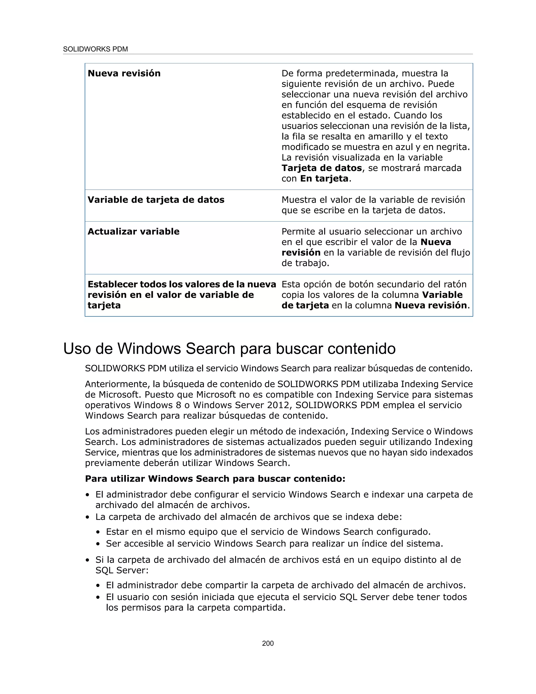 De forma predeterminada, muestra la
siguiente revisión de un archivo. Puede
seleccionar una nueva revisión del archivo
en función del esquema de revisión
establecido en el estado. Cuando los
usuarios seleccionan una revisión de la lista,
la fila se resalta en amarillo y el texto
modificado se muestra en azul y en negrita.
La revisión visualizada en la variable
Tarjeta de datos, se mostrará marcada
con En tarjeta.
Nueva revisión
Muestra el valor de la variable de revisión
que se escribe en la tarjeta de datos.
Variable de tarjeta de datos
Permite al usuario seleccionar un archivo
en el que escribir el valor de la Nueva
revisión en la variable de revisión del flujo
de trabajo.
Actualizar variable
Esta opción de botón secundario del ratón
copia los valores de la columna Variable
de tarjeta en la columna Nueva revisión.
Establecer todos los valores de la nueva
revisión en el valor de variable de
tarjeta
Uso de Windows Search para buscar contenido
SOLIDWORKS PDM utiliza el servicio Windows Search para realizar búsquedas de contenido.
Anteriormente, la búsqueda de contenido de SOLIDWORKS PDM utilizaba Indexing Service
de Microsoft. Puesto que Microsoft no es compatible con Indexing Service para sistemas
operativos Windows 8 o Windows Server 2012, SOLIDWORKS PDM emplea el servicio
Windows Search para realizar búsquedas de contenido.
Los administradores pueden elegir un método de indexación, Indexing Service o Windows
Search. Los administradores de sistemas actualizados pueden seguir utilizando Indexing
Service, mientras que los administradores de sistemas nuevos que no hayan sido indexados
previamente deberán utilizar Windows Search.
Para utilizar Windows Search para buscar contenido:
• El administrador debe configurar el servicio Windows Search e indexar una carpeta de
archivado del almacén de archivos.
• La carpeta de archivado del almacén de archivos que se indexa debe:
• Estar en el mismo equipo que el servicio de Windows Search configurado.
• Ser accesible al servicio Windows Search para realizar un índice del sistema.
• Si la carpeta de archivado del almacén de archivos está en un equipo distinto al de
SQL Server:
• El administrador debe compartir la carpeta de archivado del almacén de archivos.
• El usuario con sesión iniciada que ejecuta el servicio SQL Server debe tener todos
los permisos para la carpeta compartida.
200
SOLIDWORKS PDM
 
