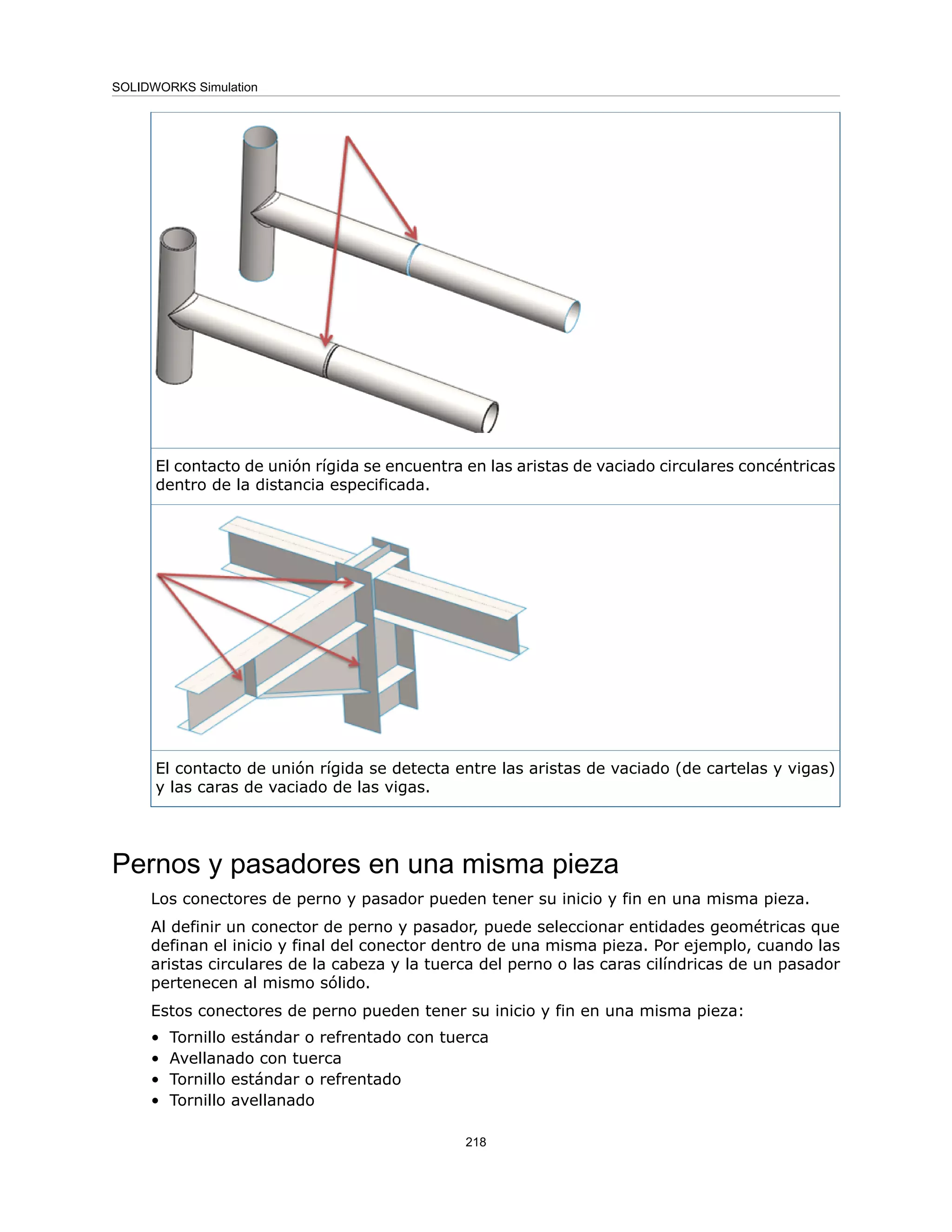 El contacto de unión rígida se encuentra en las aristas de vaciado circulares concéntricas
dentro de la distancia especificada.
El contacto de unión rígida se detecta entre las aristas de vaciado (de cartelas y vigas)
y las caras de vaciado de las vigas.
Pernos y pasadores en una misma pieza
Los conectores de perno y pasador pueden tener su inicio y fin en una misma pieza.
Al definir un conector de perno y pasador, puede seleccionar entidades geométricas que
definan el inicio y final del conector dentro de una misma pieza. Por ejemplo, cuando las
aristas circulares de la cabeza y la tuerca del perno o las caras cilíndricas de un pasador
pertenecen al mismo sólido.
Estos conectores de perno pueden tener su inicio y fin en una misma pieza:
• Tornillo estándar o refrentado con tuerca
• Avellanado con tuerca
• Tornillo estándar o refrentado
• Tornillo avellanado
218
SOLIDWORKS Simulation
 