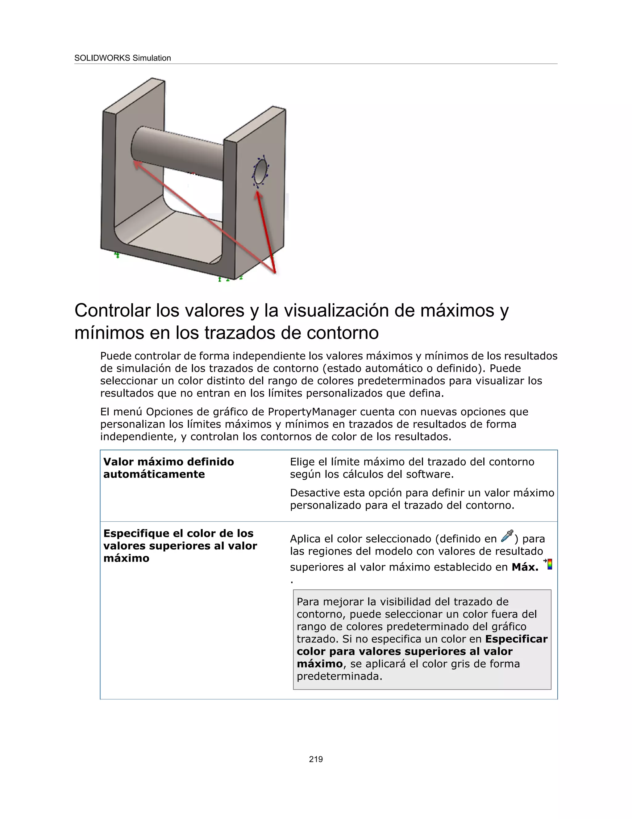 Controlar los valores y la visualización de máximos y
mínimos en los trazados de contorno
Puede controlar de forma independiente los valores máximos y mínimos de los resultados
de simulación de los trazados de contorno (estado automático o definido). Puede
seleccionar un color distinto del rango de colores predeterminados para visualizar los
resultados que no entran en los límites personalizados que defina.
El menú Opciones de gráfico de PropertyManager cuenta con nuevas opciones que
personalizan los límites máximos y mínimos en trazados de resultados de forma
independiente, y controlan los contornos de color de los resultados.
Elige el límite máximo del trazado del contorno
según los cálculos del software.
Desactive esta opción para definir un valor máximo
personalizado para el trazado del contorno.
Valor máximo definido
automáticamente
Aplica el color seleccionado (definido en ) para
las regiones del modelo con valores de resultado
superiores al valor máximo establecido en Máx.
.
Para mejorar la visibilidad del trazado de
contorno, puede seleccionar un color fuera del
rango de colores predeterminado del gráfico
trazado. Si no especifica un color en Especificar
color para valores superiores al valor
máximo, se aplicará el color gris de forma
predeterminada.
Especifique el color de los
valores superiores al valor
máximo
219
SOLIDWORKS Simulation
 