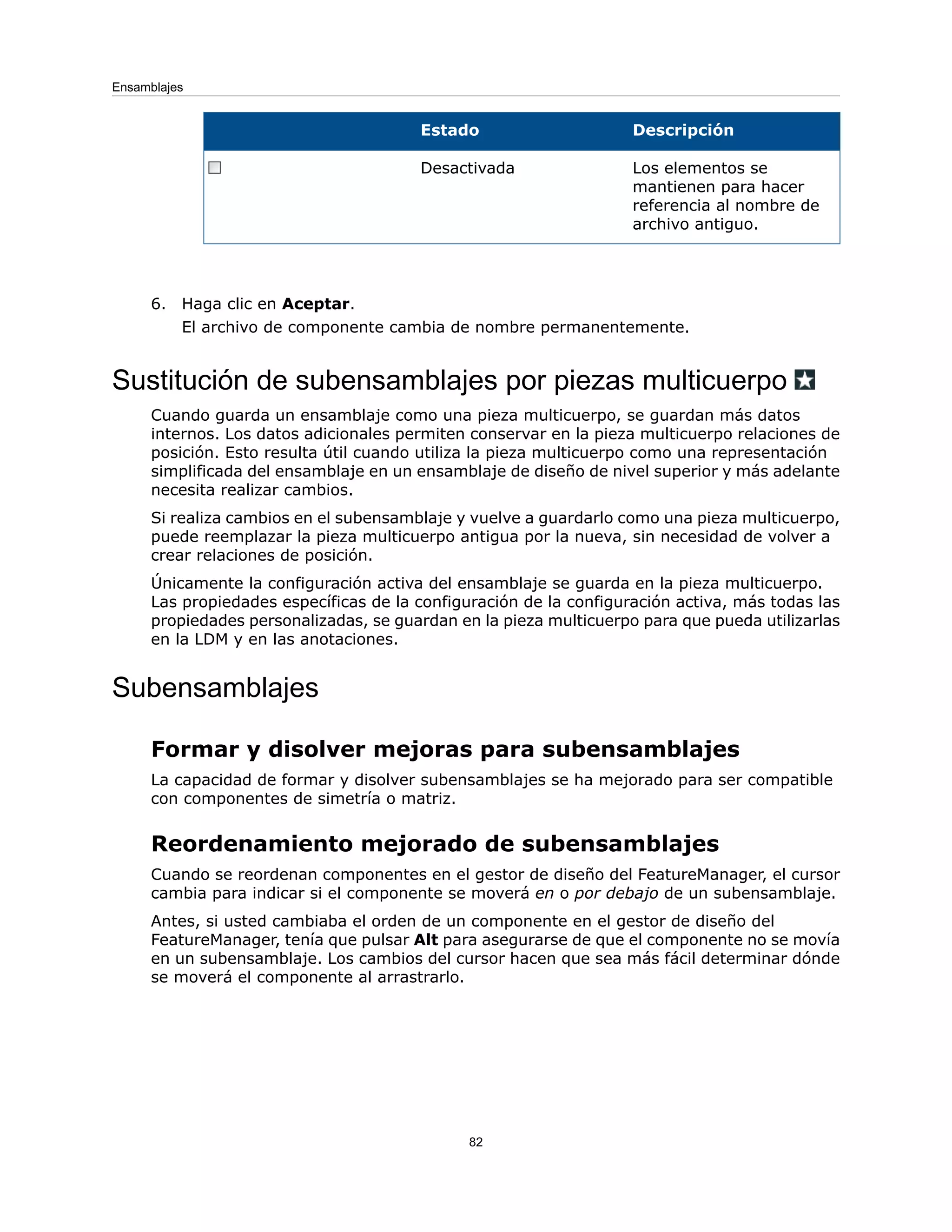 Descripción
Estado
Los elementos se
mantienen para hacer
referencia al nombre de
archivo antiguo.
Desactivada
6. Haga clic en Aceptar.
El archivo de componente cambia de nombre permanentemente.
Sustitución de subensamblajes por piezas multicuerpo
Cuando guarda un ensamblaje como una pieza multicuerpo, se guardan más datos
internos. Los datos adicionales permiten conservar en la pieza multicuerpo relaciones de
posición. Esto resulta útil cuando utiliza la pieza multicuerpo como una representación
simplificada del ensamblaje en un ensamblaje de diseño de nivel superior y más adelante
necesita realizar cambios.
Si realiza cambios en el subensamblaje y vuelve a guardarlo como una pieza multicuerpo,
puede reemplazar la pieza multicuerpo antigua por la nueva, sin necesidad de volver a
crear relaciones de posición.
Únicamente la configuración activa del ensamblaje se guarda en la pieza multicuerpo.
Las propiedades específicas de la configuración de la configuración activa, más todas las
propiedades personalizadas, se guardan en la pieza multicuerpo para que pueda utilizarlas
en la LDM y en las anotaciones.
Subensamblajes
Formar y disolver mejoras para subensamblajes
La capacidad de formar y disolver subensamblajes se ha mejorado para ser compatible
con componentes de simetría o matriz.
Reordenamiento mejorado de subensamblajes
Cuando se reordenan componentes en el gestor de diseño del FeatureManager, el cursor
cambia para indicar si el componente se moverá en o por debajo de un subensamblaje.
Antes, si usted cambiaba el orden de un componente en el gestor de diseño del
FeatureManager, tenía que pulsar Alt para asegurarse de que el componente no se movía
en un subensamblaje. Los cambios del cursor hacen que sea más fácil determinar dónde
se moverá el componente al arrastrarlo.
82
Ensamblajes
 
