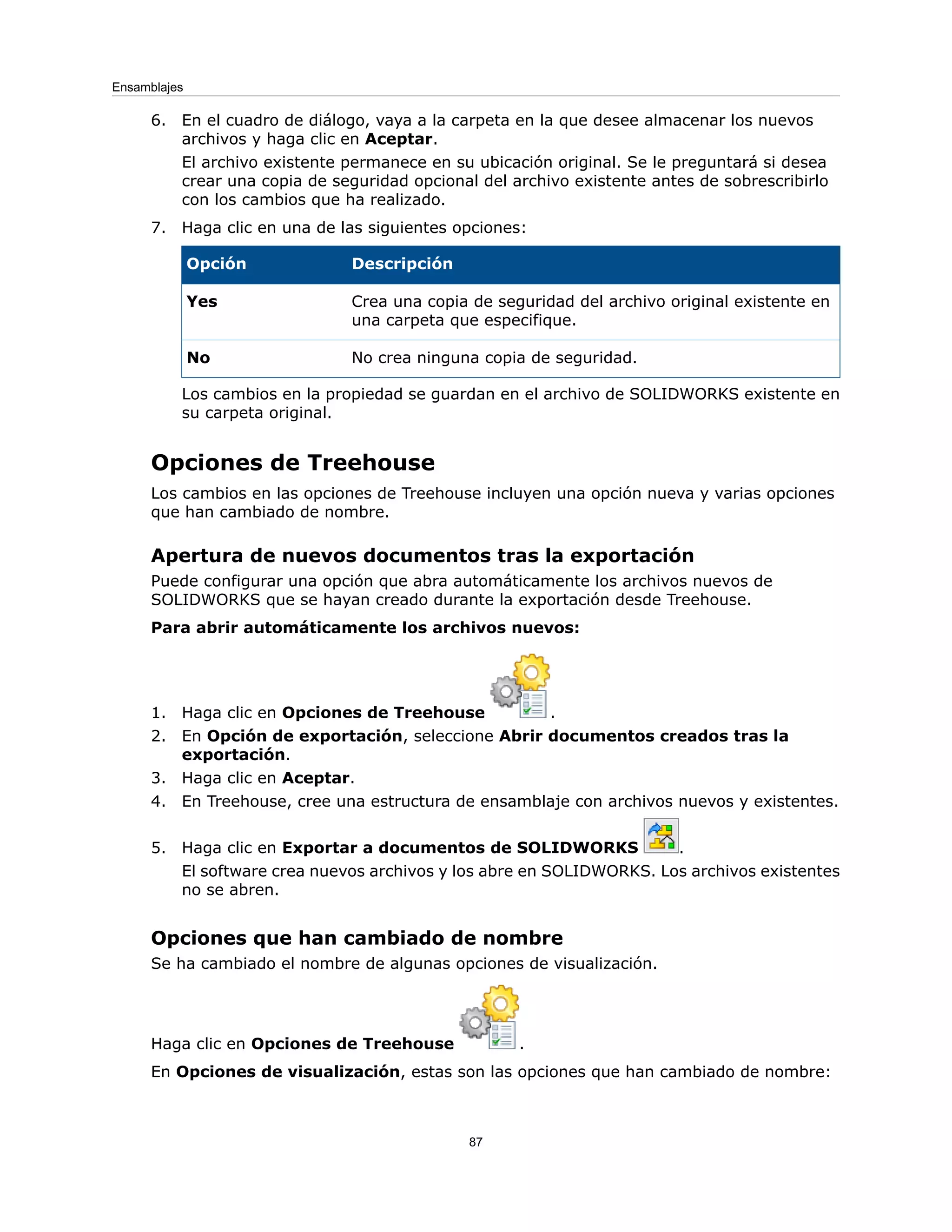 6. En el cuadro de diálogo, vaya a la carpeta en la que desee almacenar los nuevos
archivos y haga clic en Aceptar.
El archivo existente permanece en su ubicación original. Se le preguntará si desea
crear una copia de seguridad opcional del archivo existente antes de sobrescribirlo
con los cambios que ha realizado.
7. Haga clic en una de las siguientes opciones:
Descripción
Opción
Crea una copia de seguridad del archivo original existente en
una carpeta que especifique.
Yes
No crea ninguna copia de seguridad.
No
Los cambios en la propiedad se guardan en el archivo de SOLIDWORKS existente en
su carpeta original.
Opciones de Treehouse
Los cambios en las opciones de Treehouse incluyen una opción nueva y varias opciones
que han cambiado de nombre.
Apertura de nuevos documentos tras la exportación
Puede configurar una opción que abra automáticamente los archivos nuevos de
SOLIDWORKS que se hayan creado durante la exportación desde Treehouse.
Para abrir automáticamente los archivos nuevos:
1. Haga clic en Opciones de Treehouse .
2. En Opción de exportación, seleccione Abrir documentos creados tras la
exportación.
3. Haga clic en Aceptar.
4. En Treehouse, cree una estructura de ensamblaje con archivos nuevos y existentes.
5. Haga clic en Exportar a documentos de SOLIDWORKS .
El software crea nuevos archivos y los abre en SOLIDWORKS. Los archivos existentes
no se abren.
Opciones que han cambiado de nombre
Se ha cambiado el nombre de algunas opciones de visualización.
Haga clic en Opciones de Treehouse .
En Opciones de visualización, estas son las opciones que han cambiado de nombre:
87
Ensamblajes
 