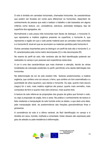 O solo é dividido em camadas horizontais, chamadas horizontes. As características 
que podem ser levadas em conta para diferenciar os horizontes, dependem do 
conhecimento da pessoa que está a realizar o trabalho e são baseados em alguns 
critérios como textura, cor, consistência, estrutura, actividade biológica, tipo de 
superfície dos agregados, etc. 
Normalmente o solo possui três horizontes bem fáceis de distinguir, o horizonte O, 
que representa a matéria orgânica presente na superfície; o horizonte A, que 
representa a região em que o solo perde material para as camadas mais profundas 
e o horizonte B, local em que se acumulam os materiais perdidos pelo horizonte A. 
Outras camadas importantes para se distinguir um perfil de solo são o horizonte C, e 
R, caracterizados pela rocha matriz decomposta (C) e não decomposta (R). 
No exame do perfil do solo, três variáveis são de fácil identificação podendo ser 
realizadas no campo e por pessoas sem experiência nesta área. 
A cor é uma das características que mais chamam a atenção, devido às várias 
tonalidades de coloração existentes no perfil, permitindo uma rápida delimitação dos 
horizontes. 
Na determinação da cor do solo existem três factores predominantes; a matéria 
orgânica, que confere uma cor escura; o ferro, que confere um tom avermelhado e a 
quantidade de sílica (quartzo), que clareia o horizonte. Ou seja, quanto mais escuro 
(negro) for o solo, mais matéria orgânica ele possui; quanto mais vermelho, mais 
compostos de ferro e quanto mais claro (branco), mais quartzo terá. 
A textura do solo refere-se às proporções dos grupos de grãos que formam o solo, 
ou seja à proporção de argila, limo e areia. Na prática o conhecimento da textura é 
feito mediante a manipulação do solo húmido entre os dedos, o que dará uma ideia, 
pela manipulação táctil, da predominância das fracções granulométricas finas e 
grosseiras. 
A consistência do solo é a última variável, de fácil identificação no campo e é 
dividida em seca, húmida, molhada e cimentada. Estas classes são expressas pelo 
grau de adesão ou pela resistência à deformação. 
Co-financiado pelo Fundo 
Social Europeu e 
Estado Português 
16 
 