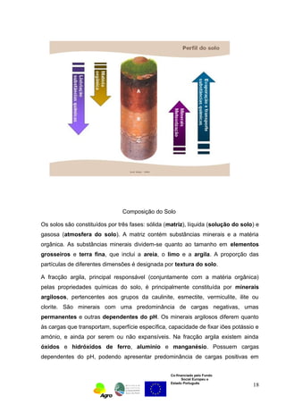 Composição do Solo 
Os solos são constituídos por três fases: sólida (matriz), líquida (solução do solo) e 
gasosa (atmosfera do solo). A matriz contém substâncias minerais e a matéria 
orgânica. As substâncias minerais dividem-se quanto ao tamanho em elementos 
grosseiros e terra fina, que inclui a areia, o limo e a argila. A proporção das 
partículas de diferentes dimensões é designada por textura do solo. 
A fracção argila, principal responsável (conjuntamente com a matéria orgânica) 
pelas propriedades químicas do solo, é principalmente constituída por minerais 
argilosos, pertencentes aos grupos da caulinite, esmectite, vermiculite, ilite ou 
clorite. São minerais com uma predominância de cargas negativas, umas 
permanentes e outras dependentes do pH. Os minerais argilosos diferem quanto 
às cargas que transportam, superfície específica, capacidade de fixar iões potássio e 
amónio, e ainda por serem ou não expansíveis. Na fracção argila existem ainda 
óxidos e hidróxidos de ferro, alumínio e manganésio. Possuem cargas 
dependentes do pH, podendo apresentar predominância de cargas positivas em 
Co-financiado pelo Fundo 
Social Europeu e 
Estado Português 
18 
 