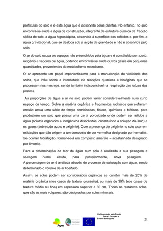 partículas do solo e é esta água que é absorvida pelas plantas. No entanto, no solo 
encontra-se ainda a água de constituição, integrante da estrutura química da fracção 
sólida do solo, a água higroscópica, absorvida à superfície dos colóides e, por fim, a 
água gravitacional, que se desloca sob a acção da gravidade e não é absorvida pelo 
solo. 
O ar do solo ocupa os espaços não preenchidos pela água e é constituído por azoto, 
oxigénio e vapores de água, podendo encontrar-se ainda outros gases em pequenas 
quantidades, provenientes do metabolismo microbiano. 
O ar apresenta um papel importantíssimo para a manutenção da vitalidade dos 
solos, que influi sobre a intensidade de reacções químicas e biológicas que se 
processam nos mesmos, sendo também indispensável na respiração das raízes das 
plantas. 
As proporções de água e ar no solo podem variar consideravelmente num curto 
espaço de tempo. Sobre a matéria orgânica e fragmentos rochosos que sofreram 
erosão actua uma série de forças combinadas, físicas, químicas e bióticas, para 
produzirem um solo que possui uma certa porosidade onde podem ser retidos a 
água (solutos orgânicos e inorgânicos dissolvidos, constituindo a solução do solo) e 
os gases (sobretudo azoto e oxigénio). Com a presença de oxigénio no solo ocorrem 
oxidações que dão origem a um composto de cor vermelha designado por hematite. 
Se ocorrer hidratação, formar-se-á um composto amarelo – acastanhado designado 
por limonite. 
Para a determinação do teor de água num solo é realizada a sua pesagem e 
secagem numa estufa, para posteriormente, nova pesagem. 
A percentagem de ar é avaliada através do processo de saturação com água, sendo 
determinado o volume de ar libertado. 
Assim, os solos podem ser considerados orgânicos se contêm mais de 20% de 
matéria orgânica (nos casos de textura grosseira), ou mais de 30% (nos casos de 
textura média ou fina) em espessura superior a 30 cm. Todos os restantes solos, 
que são os mais vulgares, são designados por solos minerais. 
Co-financiado pelo Fundo 
Social Europeu e 
Estado Português 
21 
 