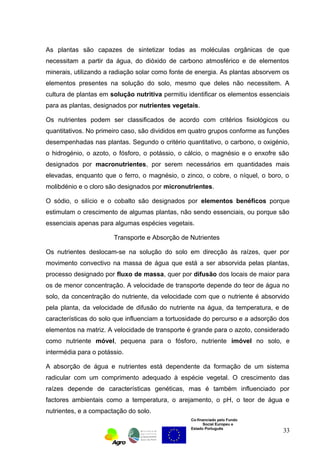 As plantas são capazes de sintetizar todas as moléculas orgânicas de que 
necessitam a partir da água, do dióxido de carbono atmosférico e de elementos 
minerais, utilizando a radiação solar como fonte de energia. As plantas absorvem os 
elementos presentes na solução do solo, mesmo que deles não necessitem. A 
cultura de plantas em solução nutritiva permitiu identificar os elementos essenciais 
para as plantas, designados por nutrientes vegetais. 
Os nutrientes podem ser classificados de acordo com critérios fisiológicos ou 
quantitativos. No primeiro caso, são divididos em quatro grupos conforme as funções 
desempenhadas nas plantas. Segundo o critério quantitativo, o carbono, o oxigénio, 
o hidrogénio, o azoto, o fósforo, o potássio, o cálcio, o magnésio e o enxofre são 
designados por macronutrientes, por serem necessários em quantidades mais 
elevadas, enquanto que o ferro, o magnésio, o zinco, o cobre, o níquel, o boro, o 
molibdénio e o cloro são designados por micronutrientes. 
O sódio, o silício e o cobalto são designados por elementos benéficos porque 
estimulam o crescimento de algumas plantas, não sendo essenciais, ou porque são 
essenciais apenas para algumas espécies vegetais. 
Transporte e Absorção de Nutrientes 
Os nutrientes deslocam-se na solução do solo em direcção às raízes, quer por 
movimento convectivo na massa de água que está a ser absorvida pelas plantas, 
processo designado por fluxo de massa, quer por difusão dos locais de maior para 
os de menor concentração. A velocidade de transporte depende do teor de água no 
solo, da concentração do nutriente, da velocidade com que o nutriente é absorvido 
pela planta, da velocidade de difusão do nutriente na água, da temperatura, e de 
características do solo que influenciam a tortuosidade do percurso e a adsorção dos 
elementos na matriz. A velocidade de transporte é grande para o azoto, considerado 
como nutriente móvel, pequena para o fósforo, nutriente imóvel no solo, e 
intermédia para o potássio. 
A absorção de água e nutrientes está dependente da formação de um sistema 
radicular com um comprimento adequado à espécie vegetal. O crescimento das 
raízes depende de características genéticas, mas é também influenciado por 
factores ambientais como a temperatura, o arejamento, o pH, o teor de água e 
nutrientes, e a compactação do solo. 
Co-financiado pelo Fundo 
Social Europeu e 
Estado Português 
33 
 