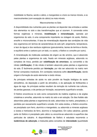 mobilidade no floema, sendo o cálcio, o manganésio e o boro os menos móveis, e os 
macronutrientes (com excepção do cálcio) os mais móveis. 
Macronutrientes no Solo 
A disponibilidade dos nutrientes para as plantas vai depender das entradas e saídas 
dos elementos no solo e das transformações que aí ocorrem. A conversão entre 
formas orgânicas e minerais, imobilização e mineralização, operada por 
organismos do solo, é uma componente importante na ciclagem do azoto, fósforo, 
enxofre e micronutrientes. A taxa de mineralização depende das condições de vida 
dos organismos em termos de características do solo (pH, arejamento, temperatura, 
e teor de água) e dos resíduos orgânicos (granulometria, teores de lenhina e fenóis, 
e equilíbrio entre o carbono por um lado, e o azoto, o fósforo e o enxofre por outro). 
A mineralização de moléculas azotadas dá origem ao ião amónio, que é absorvido 
pelas plantas e organismos do solo, fixado em minerais argilosos, adsorvido no 
complexo de troca, perdido por volatilização do amoníaco, ou convertido a ião 
nitrato (nitrificação). O ião nitrato é também absorvido pelas plantas e organismos 
do solo. É facilmente perdido por lixiviação, por não ser adsorvido na matriz nem 
formar compostos insolúveis. Em condições redutoras sofre desnitrificação, dando 
origem à formação de azoto elementar e óxido nitroso. 
As principais entradas de azoto no solo provêm da fixação biológica do azoto 
atmosférico, da deposição a partir da atmosfera, e da aplicação de fertilizantes e 
água de rega. As principais saídas resultam da remoção do nutriente nas culturas, 
de perdas gasosas, e de perdas por lixiviação, escoamento superficial e erosão. 
O fósforo encontra-se no solo como componente da matéria orgânica e de argilas 
cristalinas e amorfas, adsorvido na matriz do solo e em solução. Os iões fosfato são 
absorvidos pelas plantas e organismos do solo, adsorvidos na matriz, precipitados, e 
perdidos por escoamento superficial e erosão. Em solos ácidos, o fósforo encontra-se 
precipitado com ferro, alumínio e manganésio, ou adsorvido a minerais argilosos 
e óxidos e hidróxidos de ferro, alumínio e manganésio. Em solos calcários, grande 
parte do fósforo é precipitado pelo cálcio ou encontra-se adsorvido à superfície das 
partículas de calcário. A disponibilidade de fósforo é estudada recorrendo a 
isotérmicas de adsorção, e traduzida pelos conceitos de intensidade (quantidade 
Co-financiado pelo Fundo 
Social Europeu e 
Estado Português 
35 
 