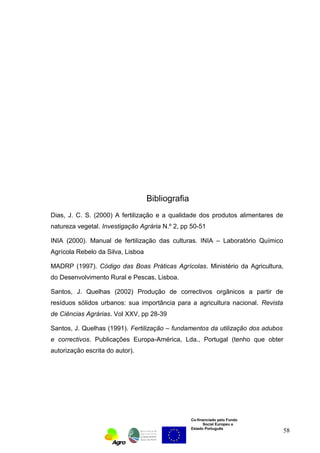 Co-financiado pelo Fundo 
Social Europeu e 
Estado Português 
Bibliografia 
Dias, J. C. S. (2000) A fertilização e a qualidade dos produtos alimentares de 
natureza vegetal. Investigação Agrária N.º 2, pp 50-51 
INIA (2000). Manual de fertilização das culturas. INIA – Laboratório Químico 
Agrícola Rebelo da Silva, Lisboa 
MADRP (1997). Código das Boas Práticas Agrícolas. Ministério da Agricultura, 
do Desenvolvimento Rural e Pescas, Lisboa. 
Santos, J. Quelhas (2002) Produção de correctivos orgânicos a partir de 
resíduos sólidos urbanos: sua importância para a agricultura nacional. Revista 
de Ciências Agrárias. Vol XXV, pp 28-39 
Santos, J. Quelhas (1991). Fertilização – fundamentos da utilização dos adubos 
e correctivos. Publicações Europa-América, Lda., Portugal (tenho que obter 
autorização escrita do autor). 
58 
 