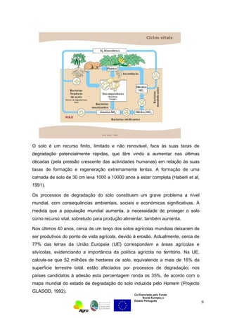O solo é um recurso finito, limitado e não renovável, face às suas taxas de 
degradação potencialmente rápidas, que têm vindo a aumentar nas últimas 
décadas (pela pressão crescente das actividades humanas) em relação às suas 
taxas de formação e regeneração extremamente lentas. A formação de uma 
camada de solo de 30 cm leva 1000 a 10000 anos a estar completa (Haberli et al, 
1991). 
Os processos de degradação do solo constituem um grave problema a nível 
mundial, com consequências ambientais, sociais e económicas significativas. À 
medida que a população mundial aumenta, a necessidade de proteger o solo 
como recurso vital, sobretudo para produção alimentar, também aumenta. 
Nos últimos 40 anos, cerca de um terço dos solos agrícolas mundiais deixaram de 
ser produtivos do ponto de vista agrícola, devido à erosão. Actualmente, cerca de 
77% das terras da União Europeia (UE) correspondem a áreas agrícolas e 
silvícolas, evidenciando a importância da política agrícola no território. Na UE, 
calcula-se que 52 milhões de hectares de solo, equivalendo a mais de 16% da 
superfície terrestre total, estão afectados por processos de degradação; nos 
países candidatos à adesão esta percentagem ronda os 35%, de acordo com o 
mapa mundial do estado de degradação do solo induzida pelo Homem (Projecto 
GLASOD, 1992). 
Co-financiado pelo Fundo 
Social Europeu e 
Estado Português 
9 
 