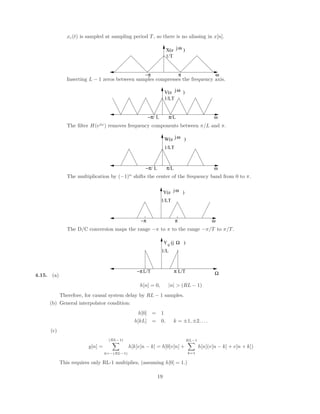 xc(t) is sampled at sampling period T , so there is no aliasing in x[n].
X(e )
jω
ω
π
−π
1/T
Inserting L − 1 zeros between samples compresses the frequency axis.
V(e )
jω
ω
π/
L
−π/ L
1/LT
The filter H(ejω
) removes frequency components between π/L and π.
j
ω
W(e )
−π/ L π/L
1/LT
ω
The multiplication by (−1)n
shifts the center of the frequency band from 0 to π.
Y(e )
jω
ω
−π π
1/LT
The D/C conversion maps the range −π to π to the range −π/T to π/T .
Y (j )
c
Ω
Ω
π L/T
−π L/T
1/L
4.15. (a)
h[n] = 0, |n|  (RL − 1)
Therefore, for causal system delay by RL − 1 samples.
(b) General interpolator condition:
h[0] = 1
h[kL] = 0, k = ±1, ±2, . . .
(c)
y[n] =
(RL−1)
X
k=−(RL−1)
h[k]v[n − k] = h[0]v[n] +
RL−1
X
k=1
h[n](v[n − k] + v[n + k])
This requires only RL-1 multiplies, (assuming h[0] = 1.)
19
 