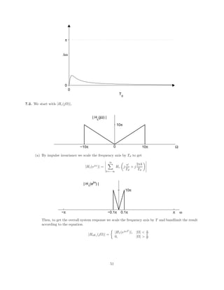 (b)
Y (z) = H2(z)X(z) = H2(z)H1(z)S(z)
H2(z) =
1
H1(z)
=
1
1 − e−8αz−8
|z|  e−α
stable and causal, |z|  e−α
not causal or stable
(c) Only the causal h2[n] is stable, therefore only it can be used to
recover s[n].
h[n] =

e−αn
, n = 0, 8, 16, . . .
0, otherwise
(d)
s[n] = δ[n] ⇒ x[n] = δ[n] − e−8α
δ[n − 8]
x[n] ∗ h2[n] = δ[n] − e−8α
δ[n − 8]
+ e−8α
(δ[n − 8] − e−8α
δ[n − 16])
+ e−16α
(δ[n − 16] − e−8α
δ[n − 32]) + · · ·
= δ[n]
5.9.
h[n] =

1
2
n
u[n] +

1
3
n
u[n]
(a)
H(z) =
1
1 − 1
2 z−1
+
1
1 − 1
3 z−1
=
2 − 5
6 z−1
1 − 5
6 z−1 + 1
6 z−2
, |z| 
1
2
Since h[n], x[n] = 0 for n  0 we can assume initial rest conditions.
y[n] =
5
6
y[n − 1] −
1
6
y[n − 2] + 2x[n] −
5
6
x[n − 1]
(b)
h1[n] =

h[n], n ≤ 109
0, n  109
(c)
H(z) =
Y (z)
X(z)
=
N−1
X
m=0
h[m]z−m
, N = 109
+ 1
y[n] =
N−1
X
m=0
h[m]x[n − m]
31
 