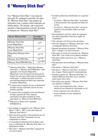 119
Outros
O “Memory Stick Duo”
Um “Memory Stick Duo” é um meio de
gravação IC compacto e portátil. Os tipos
de “Memory Stick Duo” que podem ser
utilizados com a câmara estão indicados na
tabela abaixo. No entanto, não é possível
garantir o funcionamento correcto de todas
as funções do “Memory Stick Duo”.
• Este produto é compatível com “Memory Stick
Micro” (“M2”). “M2” é uma abreviatura de
“Memory Stick Micro”.
• Não é possível garantir o funcionamento de um
“Memory Stick Duo” formatado com um
computador na câmara.
• A velocidade da leitura/escrita de dados varia
com a combinação do “Memory Stick Duo” e o
equipamento usado.
• Não retire o “Memory Stick Duo” enquanto lê
ou escreve dados.
• Os dados podem ficar danificados nos seguintes
casos:
– Se retirar o “Memory Stick Duo” ou desligar
a câmara durante uma operação de leitura ou
escrita.
– Se utilizar o “Memory Stick Duo” em locais
expostos a electricidade estática ou ruído
eléctrico.
• Recomendamos que faça cópias de segurança
dos dados importantes num disco rígido do
computador.
• Não carregue com força na área de memo.
• Não cole etiquetas no “Memory Stick Duo” nem
no adaptador Memory Stick Duo.
• Quando transportar ou guardar o “Memory Stick
Duo”, coloque-o na caixa fornecida.
• Não toque na secção dos terminais do “Memory
Stick Duo” com a mão ou um objecto metálico.
• Não parta, dobre nem deixe cair o “Memory
Stick Duo”.
• Não desmonte nem modifique o “Memory Stick
Duo”.
• Não molhe o “Memory Stick Duo”.
• Não deixe o “Memory Stick Duo” ao alcance
das crianças. Podem engoli-lo acidentalmente.
• Introduza apenas um “Memory Stick Duo” na
ranhura Memory Stick Duo. Caso contrário,
pode causar uma avaria.
• Não utilize nem guarde o “Memory Stick Duo”
nas seguintes condições:
– Locais com temperaturas altas, como o
interior de um automóvel estacionado ao sol
– Locais expostos à luz solar directa
– Locais húmidos ou com substâncias
corrosivas
Tipo de “Memory Stick” Gravação/
Reprodução
Memory Stick Duo
(sem MagicGate)
a*2
Memory Stick Duo
(com MagicGate)
a*1
MagicGate Memory Stick
Duo
a*1
*2
Memory Stick PRO Duo a*1
*4
Memory Stick PRO-HG Duo a*1
*3
*4
*1)“Memory Stick Duo”, “MagicGate Memory
Stick Duo” e “Memory Stick PRO Duo” estão
equipados com funções MagicGate.
MagicGate é uma tecnologia de protecção de
direitos de autor que utiliza uma tecnologia de
codificação. A câmara não pode executar a
gravação/reprodução de dados que requeiram
as funções MagicGate.
*2)A câmara não é compatível com a transferência
de dados de alta velocidade através de uma
interface paralela.
*3)
A câmara não é compatível com transferência
de dados paralela de 8 bits. Suporta
transferência de dados paralela de 4 bits
equivalente ao “Memory Stick PRO Duo”.
*4)Pode gravar filmes com o tamanho
[640(Qualid.)].
 