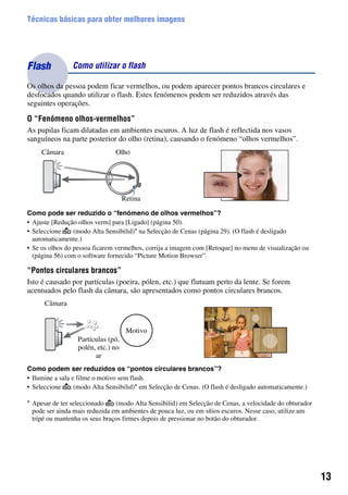 13
Técnicas básicas para obter melhores imagens
Os olhos da pessoa podem ficar vermelhos, ou podem aparecer pontos brancos circulares e
desfocados quando utilizar o flash. Estes fenómenos podem ser reduzidos através das
seguintes operações.
O “Fenómeno olhos-vermelhos”
As pupilas ficam dilatadas em ambientes escuros. A luz de flash é reflectida nos vasos
sanguíneos na parte posterior do olho (retina), causando o fenómeno “olhos vermelhos”.
Como pode ser reduzido o “fenómeno de olhos vermelhos”?
• Ajuste [Redução olhos verm] para [Ligado] (página 50).
• Seleccione (modo Alta Sensibilid)* na Selecção de Cenas (página 29). (O flash é desligado
automaticamente.)
• Se os olhos do pessoa ficarem vermelhos, corrija a imagem com [Retoque] no menu de visualização ou
(página 56) com o software fornecido “Picture Motion Browser”.
“Pontos circulares brancos”
Isto é causado por partículas (poeira, pólen, etc.) que flutuam perto da lente. Se forem
acentuados pelo flash da câmara, são apresentados como pontos circulares brancos.
Como podem ser reduzidos os “pontos circulares brancos”?
• Ilumine a sala e filme o motivo sem flash.
• Seleccione (modo Alta Sensibilid)* em Selecção de Cenas. (O flash é desligado automaticamente.)
Flash Como utilizar o flash
* Apesar de ter seleccionado (modo Alta Sensibilid) em Selecção de Cenas, a velocidade do obturador
pode ser ainda mais reduzida em ambientes de pouca luz, ou em sítios escuros. Nesse caso, utilize um
tripé ou mantenha os seus braços firmes depois de pressionar no botão do obturador.
Câmara Olho
Retina
Câmara
Motivo
Partículas (pó,
polén, etc.) no
ar
 