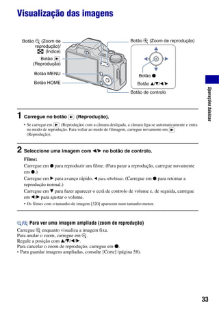 33
Operaçõesbásicas
Visualização das imagens
1 Carregue no botão (Reprodução).
• Se carregar em (Reprodução) com a câmara desligada, a câmara liga-se automaticamente e entra
no modo de reprodução. Para voltar ao modo de filmagem, carregue novamente em
(Reprodução).
2 Seleccione uma imagem com b/B no botão de controlo.
Filme:
Carregue em z para reproduzir um filme. (Para parar a reprodução, carregue novamente
em z.)
Carregue em B para avanço rápido, b para rebobinar. (Carregue em z para retomar a
reprodução normal.)
Carregue em V para fazer aparecer o ecrã de controlo de volume e, de seguida, carregue
em b/B para ajustar o volume.
• Os filmes com o tamanho de imagem [320] aparecem num tamanho menor.
/ Para ver uma imagem ampliada (zoom de reprodução)
Carregue enquanto visualiza a imagem fixa.
Para anular o zoom, carregue em .
Regule a posição com v/V/b/B.
Para cancelar o zoom de reprodução, carregue em z.
• Para guardar imagens ampliadas, consulte [Corte] (página 58).
Botão v/V/b/B
Botão z
Botão (Zoom de reprodução)Botão (Zoom de
reprodução)/
(Índice)
Botão
(Reprodução)
Botão HOME
Botão de controlo
Botão MENU
 
