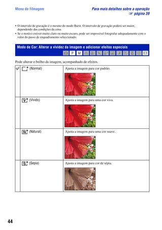44
Menu de filmagem Para mais detalhes sobre a operação
1 página 39
• O intervalo de gravação é o mesmo do modo Burst. O intervalo de gravação poderá ser maior,
dependendo das condições da cena.
• Se o motivo estiver muito claro ou muito escuro, pode ser impossível fotografar adequadamente com o
valor do passo de enquadramento seleccionado.
Pode alterar o brilho da imagem, acompanhado de efeitos.
Modo de Cor: Alterar a vividez da imagem e adicionar efeitos especiais
(Normal) Ajusta a imagem para cor padrão.
(Vívido) Ajusta a imagem para uma cor viva.
(Natural) Ajusta a imagem para uma cor suave.
(Sepia) Ajusta a imagem para cor de sépia.
 