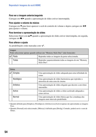 54
Reproduzir imagens do ecrã HOME
Para ver a imagem anterior/seguinte
Carregue em b/B quando a apresentação de slides estiver interrompida.
Para ajustar o volume da música
Carregue em V para fazer aparecer o ecrã de controlo de volume e depois carregue em b/B
para ajustar o volume.
Para terminar a apresentação de slides
Seleccione [Sair] com v/V quando a apresentação de slides estiver interrompida, em seguida,
carregue em z.
Para alterar o ajuste
As predefinições estão marcadas com .
• Quando definido para [Simples], [Nostálgico], [Artístico] ou [Activo] apenas são apresentadas as imagens
fixas.
• Quando [Normal] está seleccionado, [Música] é definido para [Deslig]. Contudo, poderá ouvir o som de
filmes.
Imagem
Pode seleccionar apenas quando utilizar um “Memory Stick Duo” (não fornecido)
Pasta Reproduz todas as imagens da pasta seleccionada.
Todas Reproduz sequencialmente todas as imagens de um “Memory
Stick Duo”.
Efeitos
Simples Uma apresentação de slides adequada para uma infinidade de
cenas
Nostálgico Uma apresentação de slides harmoniosa que reproduz a
atmosfera de uma cena de cinema
Artístico Uma apresentação de slides elegante que decorre a um ritmo
intermédio
Activo Uma apresentação de slides a ritmo acelerado adequada a
cenas activas
Normal Uma apresentação de slides básica que faz a mudança das
imagens num intervalo predefinido.
 
