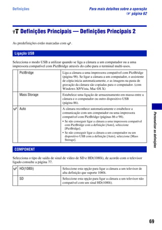 69
Personalizarasdefinições
Definições Para mais detalhes sobre a operação
1 página 62
Definições Principais — Definições Principais 2
As predefinições estão marcadas com .
Selecciona o modo USB a utilizar quando se liga a câmara a um computador ou a uma
impressora compatível com PictBridge através do cabo para o terminal multi-usos.
Selecciona o tipo de saída de sinal de vídeo de SD e HD(1080i), de acordo com o televisor
ligado consulte a página 77.
Ligação USB
PictBridge Liga a câmara a uma impressora compatível com PictBridge
(página 98). Se ligar a câmara a um computador, o assistente
de cópia inicia automaticamente, e as imagens na pasta de
gravação da câmara são copiadas para o computador. (com
Windows XP/Vista, Mac OS X)
Mass Storage Estabelece uma ligação de armazenamento em massa entre a
câmara e o computador ou outro dispositivo USB
(página 86).
Auto A câmara reconhece automaticamente e estabelece a
comunicação com um computador ou uma impressora
compatível com PictBridge (páginas 86 e 98).
• Se não conseguir ligar a câmara a uma impressora compatível
com PictBridge com a definição [Auto], seleccione
[PictBridge].
• Se não conseguir ligar a câmara a um computador ou um
dispositivo USB com a definição [Auto], seleccione [Mass
Storage].
COMPONENT
HD(1080i) Seleccione esta opção para ligar a câmara a um televisor de
alta definição que suporte 1080i.
SD Seleccione esta opção para ligar a câmara a um televisor não
compatível com um sinal HD(1080i).
 