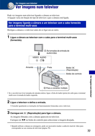 77
Verimagensnumtelevisor
Ver imagens num televisor
Ver imagens num televisor
Pode ver imagens num televisor ligando a câmara ao televisor.
A ligação varia em função do tipo de televisor a que a câmara está ligada.
Desligue a câmara e o televisor antes de os ligar um ao outro.
1 Ligue a câmara ao televisor com o cabo para o terminal multi-usos
(fornecido).
• Se o seu televisor tiver tomadas de entrada estéreo, ligue a ficha de áudio (preta) do cabo para o terminal
multi-usos à tomada de áudio esquerda.
2 Ligue o televisor e defina a entrada.
• Consulte igualmente as instruções de funcionamento fornecidas com o televisor.
3 Carregue em (Reprodução) para ligar a câmara.
As imagens filmadas com a câmara aparecem no televisor.
Carregue em b/B no botão de controlo para seleccionar a imagem desejada.
• Quando utilizar a câmara no estrangeiro, pode ser necessário mudar a saída do sinal de vídeo para
corresponder ao seu sistema de televisão (página 70).
Ver imagens ligando a câmara a um televisor com o cabo fornecido
para o terminal multi-usos
1 Às tomadas de entrada de
áudio/vídeo
2 Para o conector múltiplo
VIDEO
Amarela Preta
AUDIO
Botão de controlo
Botão
(Reprodução)
 