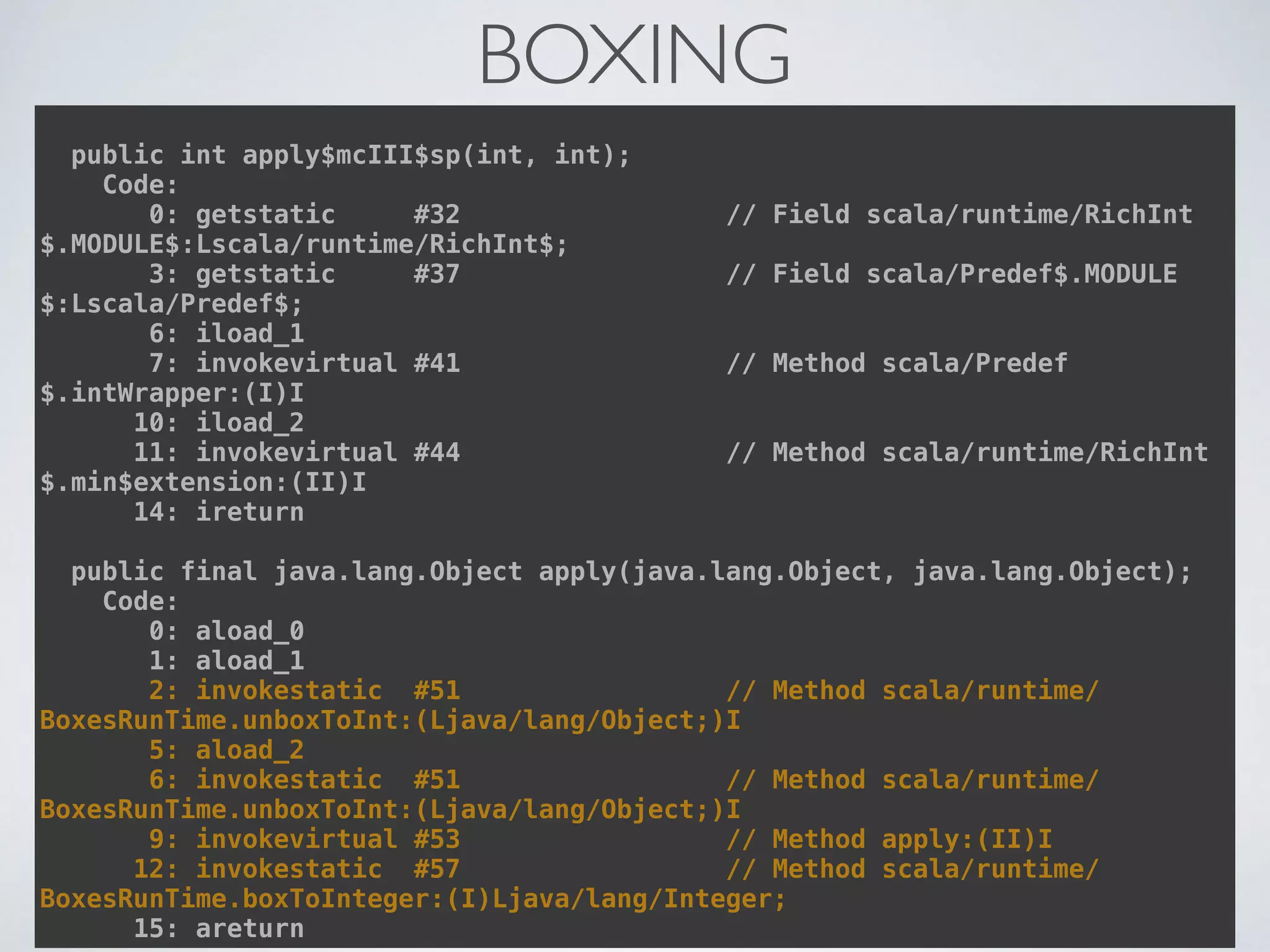 BOXING
 
public int apply$mcIII$sp(int, int); 
Code: 
0: getstatic #32 // Field scala/runtime/RichInt
$.MODULE$:Lscala/runtime/RichInt$; 
3: getstatic #37 // Field scala/Predef$.MODULE
$:Lscala/Predef$; 
6: iload_1 
7: invokevirtual #41 // Method scala/Predef
$.intWrapper:(I)I 
10: iload_2 
11: invokevirtual #44 // Method scala/runtime/RichInt
$.min$extension:(II)I 
14: ireturn 
 
public final java.lang.Object apply(java.lang.Object, java.lang.Object); 
Code: 
0: aload_0 
1: aload_1 
2: invokestatic #51 // Method scala/runtime/
BoxesRunTime.unboxToInt:(Ljava/lang/Object;)I 
5: aload_2 
6: invokestatic #51 // Method scala/runtime/
BoxesRunTime.unboxToInt:(Ljava/lang/Object;)I 
9: invokevirtual #53 // Method apply:(II)I 
12: invokestatic #57 // Method scala/runtime/
BoxesRunTime.boxToInteger:(I)Ljava/lang/Integer; 
15: areturn
 