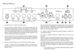 Operações Básicas
1.	 Entrada de Guitarra – Conecte sua guitarra aqui.
2.	 Canais de Memória / Modelos de Amps – Esses quatro canais usam um
Modelo de Amp diferente, e já possuem um preset pronto para que
você toque imediatamente. Aperte um dos botões para ouvir os pre-
sets. Para substituir algum preset com suas alterações (excetoVolume
Master), mantenha apertado um dos botões por dois segundos. A luz
vai piscar quando o timbre estiver gravado.
3.	 Controles de EQ – Drive é como o botão de volume ou ganho em outros
amps; controla a quantia de “sujeira” do som. Bass, Mid e Treble são
customizados para cada Modelo de Amp para lhe dar o melhor con-
trole de EQ.
4.	 Efeitos de Controle Inteligente – Gire os botões para ótimos efeitos.
	 O botão A escolhe entre Chorus/Flange, Phaser ou Tremolo, com
ajustes sutis a extremos para cada efeito. Girar o botão a seu mínimo
desliga o efeito.
	 O botão B escolhe Delay, Tape Echo ou Sweep Echo, com uma série de
ajustes entre sutis e exagerados. A luz TAP piscará na velocidade do
delay. Para alterar a velocidade do delay, aperte o botão Tap. Girar o
botão a seu mínimo desliga o efeito.
5.	 Tap – Aperte o botão TAP algumas vezes para capturar o tempo de
seus efeitos de Delay.
	 Para ativar o afinador mantenha o botão TAP por mais de dois
segundos.
	 Quando a corda E mais grave da guitarra estiver mais do que 6 cen-
tésimos abaixo, a luz da esquerda (Clean) vai piscar. Aperte sua corda
E até que as duas luzes do meio (Crunch e Metal) se acendam.
	 O afinador sempre vai procurar por notas que corresponde à afina-
ção convencional da guitarra (E A D G B E) e as luzes dos 4 modelos
de amps vão indicar o quando sua corda precisa ser apertada ou
afrouxada
Canal A•	 (Clean) aceso: A nota está muito abaixo (Maior ou igual
a 20 centésimos abaixo).
1 8 9 106
5 7
3
2
4
A B
CLEAN CRUNCH METAL INSANE
/TAP
MASTER
PHASER
TREMOLO
OFF
CHORUS
FLANGE
OFF
REVERB
TAPE ECHO
SWEEP
ECHO
PHONES /
RECORD OUT
FBV
PEDAL
AMP MODELS HOLD FOR TUNER
GUITAR
DRIVE BASS MID TREBLE CHAN VOL
POWER
CD/
MP3
 