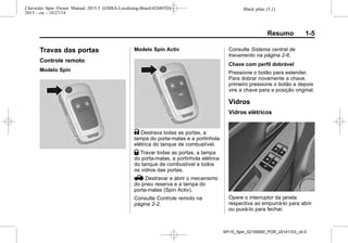 Black plate (5,1)Chevrolet Spin Owner Manual 2015.5 (GMSA-Localizing-Brazil-8268372) -
2015 - crc - 10/27/14
Resumo 1-5
Travas das portas
Controle remoto
Modelo Spin
Modelo Spin Activ
K Destrava todas as portas, a
tampa do porta-malas e a portinhola
elétrica do tanque de combustível.
Q Travar todas as portas, a tampa
do porta-malas, a portinhola elétrica
do tanque de combustível e todos
os vidros das portas.
V Destravar e abrir o mecanismo
do pneu reserva e a tampa do
porta-malas (Spin Activ).
Consulte Controle remoto na
página 2-2.
Consulte Sistema central de
travamento na página 2-6.
Chave com perfil dobrável
Pressione o botão para estender.
Para dobrar novamente a chave,
primeiro pressione o botão e depois
vire a chave para a posição original.
Vidros
Vidros elétricos
Opere o interruptor da janela
respectiva ao empurrá-lo para abrir
ou puxá-lo para fechar.
MY15_Spin_52100900_POR_20141103_v0.0
 