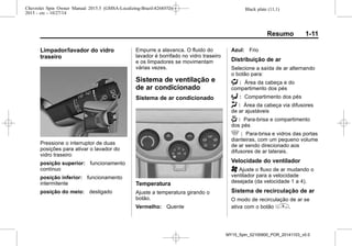 Black plate (11,1)Chevrolet Spin Owner Manual 2015.5 (GMSA-Localizing-Brazil-8268372) -
2015 - crc - 10/27/14
Resumo 1-11
Limpador/lavador do vidro
traseiro
Pressione o interruptor de duas
posições para ativar o lavador do
vidro traseiro:
posição superior: funcionamento
contínuo
posição inferior: funcionamento
intermitente
posição do meio: desligado
Empurre a alavanca. O fluido do
lavador é borrifado no vidro traseiro
e os limpadores se movimentam
várias vezes.
Sistema de ventilação e
de ar condicionado
Sistema de ar condicionado
Temperatura
Ajuste a temperatura girando o
botão.
Vermelho: Quente
Azul: Frio
Distribuição de ar
Selecione a saída de ar alternando
o botão para:
) : Área da cabeça e do
compartimento dos pés
6 : Compartimento dos pés
H : Área da cabeça via difusores
de ar ajustáveis
- : Para-brisa e compartimento
dos pés
5 : Para-brisa e vidros das portas
dianteiras, com um pequeno volume
de ar sendo direcionado aos
difusores de ar laterais.
Velocidade do ventilador
A Ajuste o fluxo de ar mudando o
ventilador para a velocidade
desejada (da velocidade 1 a 4).
Sistema de recirculação de ar
O modo de recirculação de ar se
ativa com o botão ^.
MY15_Spin_52100900_POR_20141103_v0.0
 