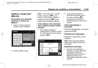 Black plate (101,1)Chevrolet Spin Owner Manual 2015.5 (GMSA-Localizing-Brazil-8268372) -
2015 - crc - 10/27/14
Sistema de conforto e conveniência 7-101
Telefone "hands free"
(MyLink)
Como fazer uma chamada
inserindo o número do
telefone
1. Insira o número usando o
teclado na tela "telefone".
2. Pressione [5 ] na tela.
Nota: Caso pressione o número
errado, pressione [] ] para
excluir o último dígito inserido ou
pressione e segure [] ] para
excluir todos os dígitos inseridos.
Como alternar uma chamada
para o telefone celular (modo
privado)
1. Caso deseje transferir a
chamada para o telefone celular
ao invés do viva-voz do veículo,
pressione [0 ].
2. Caso deseje transferir a
chamada novamente para o
viva-voz, pressione [0 ]
novamente. A chamada é
transferida para o viva-voz do
veículo.
Como ligar/desligar o
microfone
É possível ligar/desligar o microfone
pressionando [3 ].
Chamada por rediscagem
Pressione e segure [5 ] na tela
"telefone".
Nota: Não é possível rediscar
quando não existe histórico de
chamadas.
Recebendo chamadas
1. Quando uma chamada é
recebida no celular Bluetooth
conectado, a faixa em
reprodução será cortada e o
telefone tocará com as
informações relevantes sendo
exibidas.
MY15_Spin_52100900_POR_20141103_v0.0
 