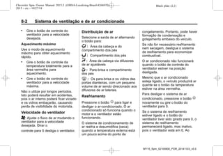 Black plate (2,1)Chevrolet Spin Owner Manual 2015.5 (GMSA-Localizing-Brazil-8268372) -
2015 - crc - 10/27/14
8-2 Sistema de ventilação e de ar condicionado
. Gire o botão de controle do
ventilador para a velocidade
desejada.
Aquecimento máximo
Use o modo de aquecimento
máximo para obter aquecimento
rápido.
. Gire o botão de controle da
temperatura totalmente para a
área vermelha para
aquecimento.
. Gire o botão de controle do
ventilador para a velocidade
máxima.
Não o utilize por longos períodos.
Isto poderá resultar em acidentes,
pois o ar interno poderá ficar viciado
e os vidros embaçarão, causando
perda de visibilidade do motorista.
Velocidade do ventilador
A: Ajuste o fluxo de ar mudando o
ventilador para a velocidade
desejada. Girar o
controle para 0 desliga o ventilador.
Distribuição de ar
Selecione a saída de ar alternando
o botão para:
) : Área da cabeça e do
compartimento dos pés
6 : Compartimento dos pés
Y : Área da cabeça via difusores
de ar ajustáveis
- : Para-brisa e compartimento
dos pés
0 : Os para-brisa e os vidros das
portas dianteiras, com um pequeno
volume de ar sendo direcionado aos
difusores de ar laterais.
Resfriamento
Pressione o botão u para ligar e
desligar o ar-condicionado. O ar
condicionado só funciona quando o
motor e o ventilador estão
funcionando.
O sistema de condicionamento de
ar resfria e desumidifica (seca)
quando a temperatura externa está
um pouco acima do ponto de
congelamento. Portanto, pode haver
formação de condensação e
gotejamento embaixo do veículo.
Se não for necessário resfriamento
nem secagem, desligue o sistema
de resfriamento para economizar
combustível.
O ar condicionado não funcionará
quando o botão de controle do
ventilador estiver na posição
desligada.
Mesmo que o ar condicionado
esteja ligado, o veículo produzirá ar
quente se o botão da temperatura
estiver na área vermelha.
Para desligar o sistema de ar
condicionado, pressione o botão u
novamente ou gire o botão do
ventilador para 0.
Se o sistema de resfriamento
estiver ligado e o botão do
ventilador tiver sido girado para 0, o
sistema de resfriamento
permanecerá ligado, mas inativo,
pois o ventilador está em 0. Ao
MY15_Spin_52100900_POR_20141103_v0.0
 