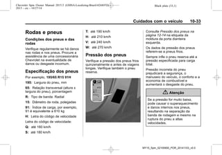 Black plate (33,1)Chevrolet Spin Owner Manual 2015.5 (GMSA-Localizing-Brazil-8268372) -
2015 - crc - 10/27/14
Cuidados com o veículo 10-33
Rodas e pneus
Condições dos pneus e das
rodas
Verifique regularmente se há danos
nas rodas e nos pneus. Procure a
assistência de uma concessionária
Chevrolet na eventualidade de
danos ou desgaste incomum.
Especificação dos pneus
Por exemplo, 195/65 R15 91H
195: Largura do pneu, mm
65: Relação transversal (altura x
largura do pneu), porcentagem
R: Tipo de banda: Radial
15: Diâmetro da roda, polegadas
91: Índice de carga, por exemplo,
91 é equivalente a 610 kg
H: Letra do código de velocidade
Letra do código de velocidade:
Q: até 160 km/h
S: até 180 km/h
T: até 190 km/h
H: até 210 km/h
V: até 240 km/h
W: até 270 km/h
Pressão dos pneus
Verifique a pressão dos pneus frios
quinzenalmente e antes de viagens
longas. Verifique também o pneu
reserva.
Consulte Pressão dos pneus na
página 12-14 na etiqueta da
moldura da porta dianteira
esquerda.
Os dados de pressão dos pneus
referem-se a pneus frios.
Sempre infle o pneu reserva até a
pressão especificada para carga
total.
Pressão incorreta do pneu
prejudicará a segurança, o
manuseio do veículo, o conforto e a
economia de combustível e
aumentará o desgaste do pneu.
{ Atenção
Se a pressão for muito baixa,
pode causar o superaquecimento
e danos internos nos pneus,
resultando na separação da
banda de rodagem e mesmo na
ruptura do pneu a altas
velocidades.
MY15_Spin_52100900_POR_20141103_v0.0
 