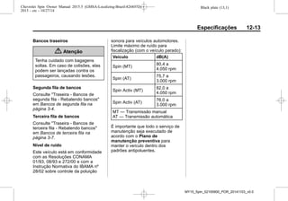 Black plate (13,1)Chevrolet Spin Owner Manual 2015.5 (GMSA-Localizing-Brazil-8268372) -
2015 - crc - 10/27/14
Especificações 12-13
Bancos traseiros
{ Atenção
Tenha cuidado com bagagens
soltas. Em caso de colisões, elas
podem ser lançadas contra os
passageiros, causando lesões.
Segunda fila de bancos
Consulte "Traseira - Bancos de
segunda fila - Rebatendo bancos"
em Bancos de segunda fila na
página 3-4.
Terceira fila de bancos
Consulte "Traseira - Bancos de
terceira fila - Rebatendo bancos"
em Bancos de terceira fila na
página 3-7.
Nível de ruído
Este veículo está em conformidade
com as Resoluções CONAMA
01/93, 08/93 e 272/00 e com a
Instrução Normativa do IBAMA nº
28/02 sobre controle da poluição
sonora para veículos automotores.
Limite máximo de ruído para
fiscalização (com o veículo parado):
Veículo dB(A)
Spin (MT)
80,4 a
4.050 rpm
Spin (AT)
75,7 a
3.000 rpm
Spin Activ (MT)
82,0 a
4.050 rpm
Spin Activ (AT)
76,0 a
3.000 rpm
MT — Transmissão manual
AT — Transmissão automática
É importante que todo o serviço de
manutenção seja executado de
acordo com o Plano de
manutenção preventiva para
manter o veículo dentro dos
padrões antipoluentes.
MY15_Spin_52100900_POR_20141103_v0.0
 