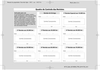 A Concessionária deverá carimbar e assinar o
quadro correspondente a cada revisão que efetuar,
indicando a quilometragem, o nº da Ordem de
Serviço e a data em que o serviço foi executado.
Caso o veículo pertença ao programa exclusivo
para frotas e/ou locadoras de veículos, consulte o
livreto "Guia de Revisões Específico para Frotas".
Para maiores informações, entre em contato com
uma concessionária Chevrolet.
Black plate (3,1)Manual do proprietário Chevrolet Spin - 2015 - crc - 10/27/14
Introdução iii
O pacote com a literatura do cliente
deverá ser mantido sempre à mão
no veículo. Ele encontra-se dentro
do porta-luvas.
Sempre que o indicador de
controle M aparecer em
combinação com outro indicador de
controle no painel de instrumentos
ou em uma etiqueta, consulte o
Manual do Proprietário.
Siga sempre as leis e normas
específicas do país em que se
encontra. Essas leis podem diferir
das informações contidas neste
manual.
Todas as concessionárias Chevrolet
fornecem serviço de primeira
classe, usando mecânicos treinados
que trabalham de acordo com
instruções específicas.
Você poderá conhecer um pouco
mais sobre a GM e os produtos
Chevrolet acessando o site:
www.chevrolet.com.br
Como utilizar este
manual
. Este manual descreve todas as
opções e as funções disponíveis
para esse modelo.
Determinadas opções ou
funções podem não se aplicar
a seu veículo devido à
variante de modelo do seu
país, especificações de pais,
equipamento especial ou
acessórios. Consulte sua
concessionária Chevrolet sobre
os recursos disponíveis em seu
veículo.
. A seção "Resumo" fornecerá
uma visão geral inicial.
. O índice, no início deste manual,
mostra onde estão as
informações em cada capítulo.
. O Manual do Proprietário usa as
designações de fábrica, que
podem ser encontradas no
capítulo "Especificações".
. As direções indicadas, por ex.
esquerda ou direita, dianteira ou
traseira, sempre se relacionam
ao sentido de condução.
. As telas de exibição do veículo
poderão não suportar seu
idioma específico.
Perigo, atenção e
cuidado
{ Perigo
Textos marcados com { Perigo
fornecem informações sobre o
risco de ferimentos fatais. Ignorar
essas informações pode colocar
a vida em risco.
Black plate (3,1)Manual do proprietário Chevrolet Spin - 2015 - crc - 10/27/14
Introdução iii
O pacote com a literatura do cliente
deverá ser mantido sempre à mão
no veículo. Ele encontra-se dentro
do porta-luvas.
Sempre que o indicador de
controle M aparecer em
combinação com outro indicador de
controle no painel de instrumentos
ou em uma etiqueta, consulte o
Manual do Proprietário.
Siga sempre as leis e normas
específicas do país em que se
encontra. Essas leis podem diferir
das informações contidas neste
manual.
Todas as concessionárias Chevrolet
fornecem serviço de primeira
classe, usando mecânicos treinados
que trabalham de acordo com
instruções específicas.
Você poderá conhecer um pouco
mais sobre a GM e os produtos
Chevrolet acessando o site:
www.chevrolet.com.br
Como utilizar este
manual
. Este manual descreve todas as
opções e as funções disponíveis
para esse modelo.
Determinadas opções ou
funções podem não se aplicar
a seu veículo devido à
variante de modelo do seu
país, especificações de pais,
equipamento especial ou
acessórios. Consulte sua
concessionária Chevrolet sobre
os recursos disponíveis em seu
veículo.
. A seção "Resumo" fornecerá
uma visão geral inicial.
. O índice, no início deste manual,
mostra onde estão as
informações em cada capítulo.
. O Manual do Proprietário usa as
designações de fábrica, que
podem ser encontradas no
capítulo "Especificações".
. As direções indicadas, por ex.
esquerda ou direita, dianteira ou
traseira, sempre se relacionam
ao sentido de condução.
. As telas de exibição do veículo
poderão não suportar seu
idioma específico.
Perigo, atenção e
cuidado
{ Perigo
Textos marcados com { Perigo
fornecem informações sobre o
risco de ferimentos fatais. Ignorar
essas informações pode colocar
a vida em risco.
Black plate (3,1)Manual do proprietário Chevrolet Spin - 2015 - crc - 10/27/14
Introdução iii
O pacote com a literatura do cliente
deverá ser mantido sempre à mão
no veículo. Ele encontra-se dentro
do porta-luvas.
Sempre que o indicador de
controle M aparecer em
combinação com outro indicador de
controle no painel de instrumentos
ou em uma etiqueta, consulte o
Manual do Proprietário.
Siga sempre as leis e normas
específicas do país em que se
encontra. Essas leis podem diferir
das informações contidas neste
manual.
Todas as concessionárias Chevrolet
fornecem serviço de primeira
classe, usando mecânicos treinados
que trabalham de acordo com
instruções específicas.
Você poderá conhecer um pouco
mais sobre a GM e os produtos
Chevrolet acessando o site:
www.chevrolet.com.br
Como utilizar este
manual
. Este manual descreve todas as
opções e as funções disponíveis
para esse modelo.
Determinadas opções ou
funções podem não se aplicar
a seu veículo devido à
variante de modelo do seu
país, especificações de pais,
equipamento especial ou
acessórios. Consulte sua
concessionária Chevrolet sobre
os recursos disponíveis em seu
veículo.
. A seção "Resumo" fornecerá
uma visão geral inicial.
. O índice, no início deste manual,
mostra onde estão as
informações em cada capítulo.
. O Manual do Proprietário usa as
designações de fábrica, que
podem ser encontradas no
capítulo "Especificações".
. As direções indicadas, por ex.
esquerda ou direita, dianteira ou
traseira, sempre se relacionam
ao sentido de condução.
. As telas de exibição do veículo
poderão não suportar seu
idioma específico.
Perigo, atenção e
cuidado
{ Perigo
Textos marcados com { Perigo
fornecem informações sobre o
risco de ferimentos fatais. Ignorar
essas informações pode colocar
a vida em risco.
Black plate (3,1)Manual do proprietário Chevrolet Spin - 2015 - crc - 10/27/14
Introdução iii
O pacote com a literatura do cliente
deverá ser mantido sempre à mão
no veículo. Ele encontra-se dentro
do porta-luvas.
Sempre que o indicador de
controle M aparecer em
combinação com outro indicador de
controle no painel de instrumentos
ou em uma etiqueta, consulte o
Manual do Proprietário.
Siga sempre as leis e normas
específicas do país em que se
encontra. Essas leis podem diferir
das informações contidas neste
manual.
Todas as concessionárias Chevrolet
fornecem serviço de primeira
classe, usando mecânicos treinados
que trabalham de acordo com
instruções específicas.
Você poderá conhecer um pouco
mais sobre a GM e os produtos
Chevrolet acessando o site:
www.chevrolet.com.br
Como utilizar este
manual
. Este manual descreve todas as
opções e as funções disponíveis
para esse modelo.
Determinadas opções ou
funções podem não se aplicar
a seu veículo devido à
variante de modelo do seu
país, especificações de pais,
equipamento especial ou
acessórios. Consulte sua
concessionária Chevrolet sobre
os recursos disponíveis em seu
veículo.
. A seção "Resumo" fornecerá
uma visão geral inicial.
. O índice, no início deste manual,
mostra onde estão as
informações em cada capítulo.
. O Manual do Proprietário usa as
designações de fábrica, que
podem ser encontradas no
capítulo "Especificações".
. As direções indicadas, por ex.
esquerda ou direita, dianteira ou
traseira, sempre se relacionam
ao sentido de condução.
. As telas de exibição do veículo
poderão não suportar seu
idioma específico.
Perigo, atenção e
cuidado
{ Perigo
Textos marcados com { Perigo
fornecem informações sobre o
risco de ferimentos fatais. Ignorar
essas informações pode colocar
a vida em risco.
MY15_Spin_52100900_POR_20141103_v0.0
 