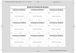 Black plate (2,1)Manual do proprietário Chevrolet Spin - 2015 - crc - 10/27/14
2015 Manual do proprietário Chevrolet Spin M
Condução e operação . . . . . . . . 9-1
Informações de condução . . . . . 9-2
Partida e operação . . . . . . . . . . . 9-15
Sistema de escapamento . . . . . 9-17
Transmissão automática . . . . . . 9-18
Transmissão manual . . . . . . . . . 9-21
Freios . . . . . . . . . . . . . . . . . . . . . . . . 9-22
Controle de velocidade de
cruzeiro . . . . . . . . . . . . . . . . . . . . . 9-25
Sistemas de detecção de
objetos . . . . . . . . . . . . . . . . . . . . . . 9-27
Combustível . . . . . . . . . . . . . . . . . . 9-29
Cuidados com o veículo . . . . 10-1
Informações gerais . . . . . . . . . . . 10-2
Verificações no veículo . . . . . . . 10-6
Substituição de lâmpadas . . . 10-20
Sistema elétrico . . . . . . . . . . . . . 10-24
Ferramentas do veículo . . . . . 10-32
Rodas e pneus . . . . . . . . . . . . . . 10-33
Partida do motor com cabos
auxiliares . . . . . . . . . . . . . . . . . . 10-42
Reboque . . . . . . . . . . . . . . . . . . . . 10-44
Cuidados com a
aparência . . . . . . . . . . . . . . . . . . 10-46
Serviços e manutenção . . . . . 11-1
Informações gerais . . . . . . . . . . . 11-1
Manutenção preventiva . . . . . . . 11-3
Fluidos, lubrificantes e peças
recomendadas . . . . . . . . . . . . . . 11-8
Especificações . . . . . . . . . . . . . . 12-1
Identificação do veículo . . . . . . 12-1
Especificações do veículo . . . . 12-3
Informações sobre a
garantia . . . . . . . . . . . . . . . . . . . . 13-1
Informações sobre a
garantia . . . . . . . . . . . . . . . . . . . . . 13-1
Informações ao
consumidor . . . . . . . . . . . . . . . . 14-1
Informações ao
consumidor. . . . . . . . . . . . . . . . . 14-1
Índice . . . . . . . . . . . . . . . . . . . . i-1
Black plate (2,1)Manual do proprietário Chevrolet Spin - 2015 - crc - 10/27/14
2015 Manual do proprietário Chevrolet Spin M
Condução e operação . . . . . . . . 9-1
Informações de condução . . . . . 9-2
Partida e operação . . . . . . . . . . . 9-15
Sistema de escapamento . . . . . 9-17
Transmissão automática . . . . . . 9-18
Transmissão manual . . . . . . . . . 9-21
Freios . . . . . . . . . . . . . . . . . . . . . . . . 9-22
Controle de velocidade de
cruzeiro . . . . . . . . . . . . . . . . . . . . . 9-25
Sistemas de detecção de
objetos . . . . . . . . . . . . . . . . . . . . . . 9-27
Combustível . . . . . . . . . . . . . . . . . . 9-29
Cuidados com o veículo . . . . 10-1
Informações gerais . . . . . . . . . . . 10-2
Verificações no veículo . . . . . . . 10-6
Substituição de lâmpadas . . . 10-20
Sistema elétrico . . . . . . . . . . . . . 10-24
Ferramentas do veículo . . . . . 10-32
Rodas e pneus . . . . . . . . . . . . . . 10-33
Partida do motor com cabos
auxiliares . . . . . . . . . . . . . . . . . . 10-42
Reboque . . . . . . . . . . . . . . . . . . . . 10-44
Cuidados com a
aparência . . . . . . . . . . . . . . . . . . 10-46
Serviços e manutenção . . . . . 11-1
Informações gerais . . . . . . . . . . . 11-1
Manutenção preventiva . . . . . . . 11-3
Fluidos, lubrificantes e peças
recomendadas . . . . . . . . . . . . . . 11-8
Especificações . . . . . . . . . . . . . . 12-1
Identificação do veículo . . . . . . 12-1
Especificações do veículo . . . . 12-3
Informações sobre a
garantia . . . . . . . . . . . . . . . . . . . . 13-1
Informações sobre a
garantia . . . . . . . . . . . . . . . . . . . . . 13-1
Informações ao
consumidor . . . . . . . . . . . . . . . . 14-1
Informações ao
consumidor. . . . . . . . . . . . . . . . . 14-1
Índice . . . . . . . . . . . . . . . . . . . . i-1
Black plate (2,1)Manual do proprietário Chevrolet Spin - 2015 - crc - 10/27/14
2015 Manual do proprietário Chevrolet Spin M
Condução e operação . . . . . . . . 9-1
Informações de condução . . . . . 9-2
Partida e operação . . . . . . . . . . . 9-15
Sistema de escapamento . . . . . 9-17
Transmissão automática . . . . . . 9-18
Transmissão manual . . . . . . . . . 9-21
Freios . . . . . . . . . . . . . . . . . . . . . . . . 9-22
Controle de velocidade de
cruzeiro . . . . . . . . . . . . . . . . . . . . . 9-25
Sistemas de detecção de
objetos . . . . . . . . . . . . . . . . . . . . . . 9-27
Combustível . . . . . . . . . . . . . . . . . . 9-29
Cuidados com o veículo . . . . 10-1
Informações gerais . . . . . . . . . . . 10-2
Verificações no veículo . . . . . . . 10-6
Substituição de lâmpadas . . . 10-20
Sistema elétrico . . . . . . . . . . . . . 10-24
Ferramentas do veículo . . . . . 10-32
Rodas e pneus . . . . . . . . . . . . . . 10-33
Partida do motor com cabos
auxiliares . . . . . . . . . . . . . . . . . . 10-42
Reboque . . . . . . . . . . . . . . . . . . . . 10-44
Cuidados com a
aparência . . . . . . . . . . . . . . . . . . 10-46
Serviços e manutenção . . . . . 11-1
Informações gerais . . . . . . . . . . . 11-1
Manutenção preventiva . . . . . . . 11-3
Fluidos, lubrificantes e peças
recomendadas . . . . . . . . . . . . . . 11-8
Especificações . . . . . . . . . . . . . . 12-1
Identificação do veículo . . . . . . 12-1
Especificações do veículo . . . . 12-3
Informações sobre a
garantia . . . . . . . . . . . . . . . . . . . . 13-1
Informações sobre a
garantia . . . . . . . . . . . . . . . . . . . . . 13-1
Informações ao
consumidor . . . . . . . . . . . . . . . . 14-1
Informações ao
consumidor. . . . . . . . . . . . . . . . . 14-1
Índice . . . . . . . . . . . . . . . . . . . . i-1
Black plate (2,1)Manual do proprietário Chevrolet Spin - 2015 - crc - 10/27/14
2015 Manual do proprietário Chevrolet Spin M
Condução e operação . . . . . . . . 9-1
Informações de condução . . . . . 9-2
Partida e operação . . . . . . . . . . . 9-15
Sistema de escapamento . . . . . 9-17
Transmissão automática . . . . . . 9-18
Transmissão manual . . . . . . . . . 9-21
Freios . . . . . . . . . . . . . . . . . . . . . . . . 9-22
Controle de velocidade de
cruzeiro . . . . . . . . . . . . . . . . . . . . . 9-25
Sistemas de detecção de
objetos . . . . . . . . . . . . . . . . . . . . . . 9-27
Combustível . . . . . . . . . . . . . . . . . . 9-29
Cuidados com o veículo . . . . 10-1
Informações gerais . . . . . . . . . . . 10-2
Verificações no veículo . . . . . . . 10-6
Substituição de lâmpadas . . . 10-20
Sistema elétrico . . . . . . . . . . . . . 10-24
Ferramentas do veículo . . . . . 10-32
Rodas e pneus . . . . . . . . . . . . . . 10-33
Partida do motor com cabos
auxiliares . . . . . . . . . . . . . . . . . . 10-42
Reboque . . . . . . . . . . . . . . . . . . . . 10-44
Cuidados com a
aparência . . . . . . . . . . . . . . . . . . 10-46
Serviços e manutenção . . . . . 11-1
Informações gerais . . . . . . . . . . . 11-1
Manutenção preventiva . . . . . . . 11-3
Fluidos, lubrificantes e peças
recomendadas . . . . . . . . . . . . . . 11-8
Especificações . . . . . . . . . . . . . . 12-1
Identificação do veículo . . . . . . 12-1
Especificações do veículo . . . . 12-3
Informações sobre a
garantia . . . . . . . . . . . . . . . . . . . . 13-1
Informações sobre a
garantia . . . . . . . . . . . . . . . . . . . . . 13-1
Informações ao
consumidor . . . . . . . . . . . . . . . . 14-1
Informações ao
consumidor. . . . . . . . . . . . . . . . . 14-1
Índice . . . . . . . . . . . . . . . . . . . . i-1
MY15_Spin_52100900_POR_20141103_v0.0
 
