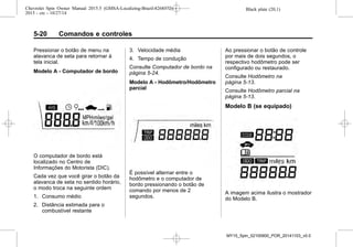 Black plate (20,1)Chevrolet Spin Owner Manual 2015.5 (GMSA-Localizing-Brazil-8268372) -
2015 - crc - 10/27/14
5-20 Comandos e controles
Pressionar o botão de menu na
alavanca de seta para retornar à
tela inicial.
Modelo A - Computador de bordo
O computador de bordo está
localizado no Centro de
Informações do Motorista (DIC).
Cada vez que você girar o botão da
alavanca de seta no sentido horário,
o modo troca na seguinte ordem
1. Consumo médio
2. Distância estimada para o
combustível restante
3. Velocidade média
4. Tempo de condução
Consulte Computador de bordo na
página 5-24.
Modelo A - Hodômetro/Hodômetro
parcial
É possível alternar entre o
hodômetro e o computador de
bordo pressionando o botão de
comando por menos de 2
segundos.
Ao pressionar o botão de controle
por mais de dois segundos, o
respectivo hodômetro pode ser
configurado ou restaurado.
Consulte Hodômetro na
página 5-13.
Consulte Hodômetro parcial na
página 5-13.
Modelo B (se equipado)
A imagem acima ilustra o mostrador
do Modelo B.
MY15_Spin_52100900_POR_20141103_v0.0
 