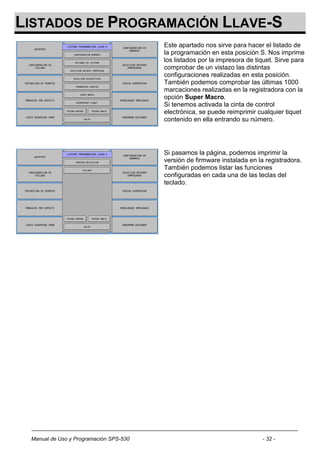 LISTADOS DE PROGRAMACIÓN LLAVE-S
                                        Este apartado nos sirve para hacer el listado de
                                        la programación en esta posición S. Nos imprime
                                        los listados por la impresora de tiquet. Sirve para
                                        comprobar de un vistazo las distintas
                                        configuraciones realizadas en esta posición.
                                        También podemos comprobar las últimas 1000
                                        marcaciones realizadas en la registradora con la
                                        opción Super Macro.
                                        Si tenemos activada la cinta de control
                                        electrónica, se puede reimprimir cualquier tiquet
                                        contenido en ella entrando su número.




                                        Si pasamos la página, podemos imprimir la
                                        versión de firmware instalada en la registradora.
                                        También podemos listar las funciones
                                        configuradas en cada una de las teclas del
                                        teclado.




 Manual de Uso y Programación SPS-530                                      - 32 -
 