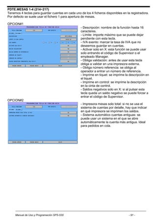 PDTE.MESAS 1-4 (214~217)
Tenemos 4 teclas para guardar cuentas en cada uno de los 4 ficheros disponibles en la registradora.
Por defecto se suele usar el fichero 1 para apertura de mesas.

OPCION#1
                                                   - Descripción: nombre de la función hasta 16
                                                   caracteres.
                                                   - Límite: importe máximo que se puede dejar
                                                   pendiente con esta tecla.
                                                   - IVA exento: marcar la tasa de IVA que no
                                                   deseemos guardar en cuentas.
                                                   - Activar solo en X: esta función se puede usar
                                                   solo entrando el código de Supervisor o el
                                                   empleado Manager.
                                                   - Obliga validación: antes de usar esta tecla
                                                   obliga a validar en una impresora externa.
                                                   - Obliga número referencia: se obliga al
                                                   operador a entrar un número de referencia.
                                                   - Imprime en tiquet: se imprime la descripción en
                                                   el tiquet.
                                                   - Imprime en control: se imprime la descripción
                                                   en la cinta de control.
                                                   - Saldos negativos solo en X: si al pulsar esta
                                                   tecla queda un saldo negativo se puede forzar a
                                                   entrar el código de Supervisor.
OPCION#2
                                                   - Impresora mesas solo total: si no se usa el
                                                   sistema de cuentas por detalle, hay que indicar
                                                   en qué impresora se imprimen los saldos.
                                                   - Sistema automático cuentas antiguas: se
                                                   puede usar un sistema en el que se abre
                                                   automáticamente la cuenta más antigua. Ideal
                                                   para pedidos en cola.




     Manual de Uso y Programación SPS-530                                            - 91 -
 