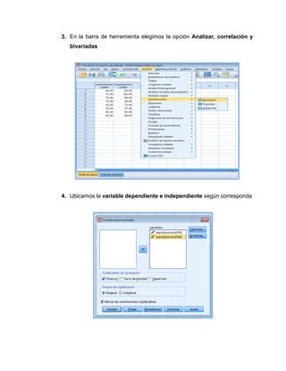 3. En la barra de herramienta elegimos la opción Analizar, correlación y
   bivariadas




4. Ubicamos la variable dependiente e independiente según corresponda
 