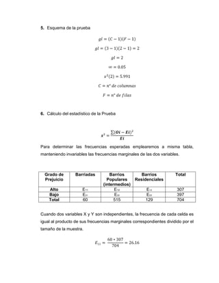 5. Esquema de la prueba




6. Cálculo del estadístico de la Prueba




Para determinar las frecuencias esperadas emplearemos a misma tabla,
manteniendo invariables las frecuencias marginales de las dos variables.



  Grado de        Barriadas         Barrios         Barrios           Total
  Prejuicio                       Populares      Residenciales
                                (intermedios)
    Alto             E11              E12             E13              307
    Bajo             E21              E22             E23              397
    Total            60               515             129              704


Cuando dos variables X y Y son independientes, la frecuencia de cada celda es
igual al producto de sus frecuencias marginales correspondientes dividido por el
tamaño de la muestra.
 
