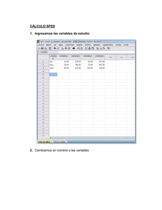 CÁLCULO SPSS

1. Ingresamos las variables de estudio




2. Cambiamos en nombre a las variables
 