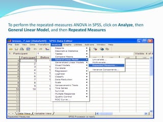 To perform the repeated-measures ANOVA in SPSS, click on Analyze, then
General Linear Model, and then Repeated Measures
 