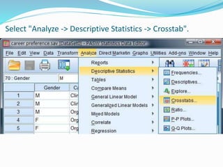 Select "Analyze -> Descriptive Statistics -> Crosstab".
 