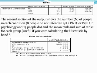 The second section of the output shows the number (N) of people
in each condition (8 people do not intend to get a Ph.D. or Psy.D in
psychology and 23 people do) and the mean rank and sum of ranks
for each group (useful if you were calculating the U statistic by
hand.)
 
