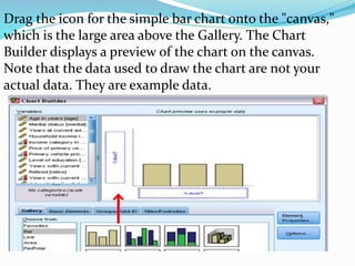 Drag the icon for the simple bar chart onto the "canvas,"
which is the large area above the Gallery. The Chart
Builder displays a preview of the chart on the canvas.
Note that the data used to draw the chart are not your
actual data. They are example data.
 