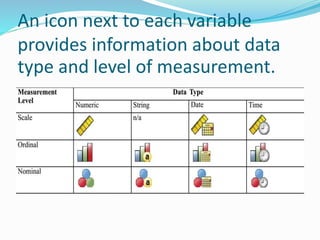 An icon next to each variable
provides information about data
type and level of measurement.
 