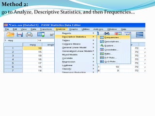 Method 2:
go to Analyze, Descriptive Statistics, and then Frequencies...
 
