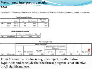 We can now interpret the result.
From A, since the p-value is 0.472, we reject the alternative
hypothesis and conclude that the fitness program is not effective
at 5% significant level.
 