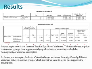 Results
Interesting to note is the Levene's Test for Equality of Variances. This tests the assumption
that our two groups have approximately equal variances; sometimes called the
homogeneity of variance assumption
In the current example, the Levene's test indicates we do not have significantly different
variances between our two groups, which is what we want to see as this supports the
assumption.
 