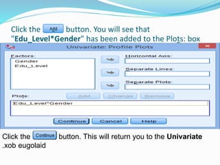 Click the button. You will see that
"Edu_Level*Gender" has been added to the Plots: box
Click the button. This will return you to the Univariate
xob eugolaid.
 