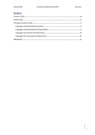 Manual SQL                                       Escola Secundária de Penafiel                                                     2011/2012


Índice
O que é o SQL?.............................................................................................................................. 4
História SQL .................................................................................................................................. 5
Principais funções do SQL............................................................................................................ 7
   Linguagem de Manipulação de Dados: ................................................................................... 7
   Linguagem de Manipulação de Dados (DML): ....................................................................... 7
   Linguagem de Controlo de Dados (DCL) ................................................................................ 8
   Linguagem de Transacção de Dados (DTL) ............................................................................ 8
Bibliografia.................................................................................................................................... 9




                                                                                                                                                     2
 